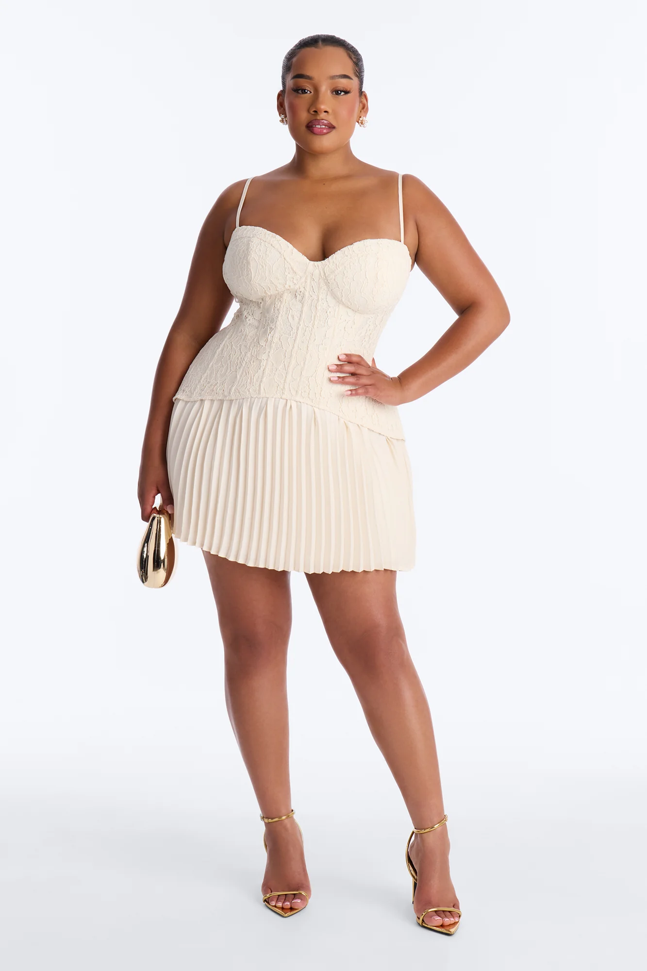 Daniella Lace Corset Pleated Mini Dress - Cream - Image 5