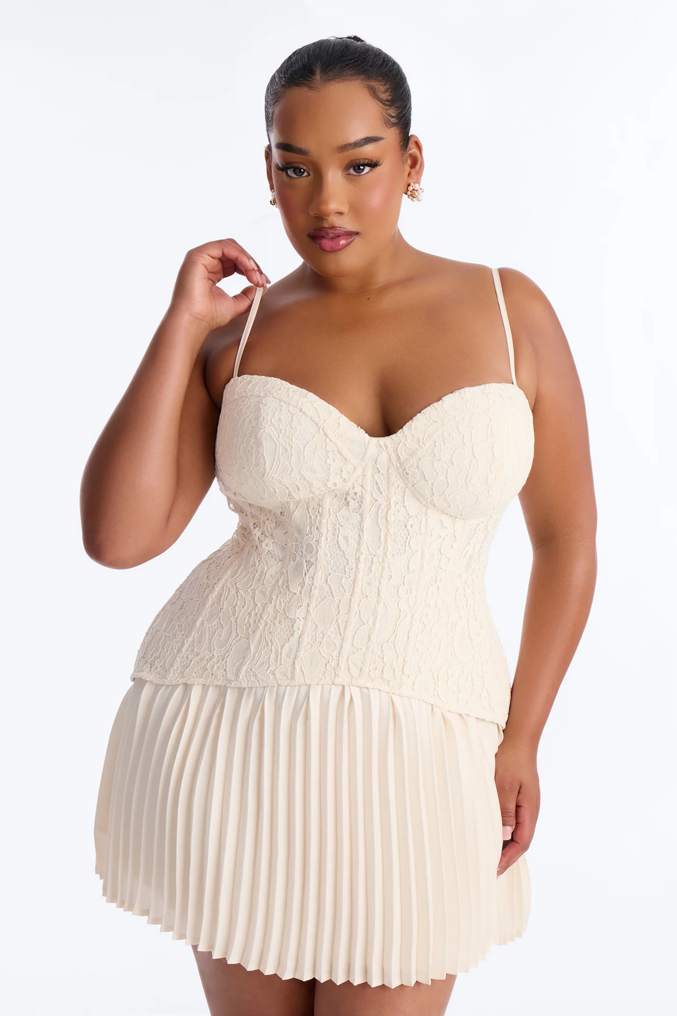 Daniella Lace Corset Pleated Mini Dress - Cream - Image 6