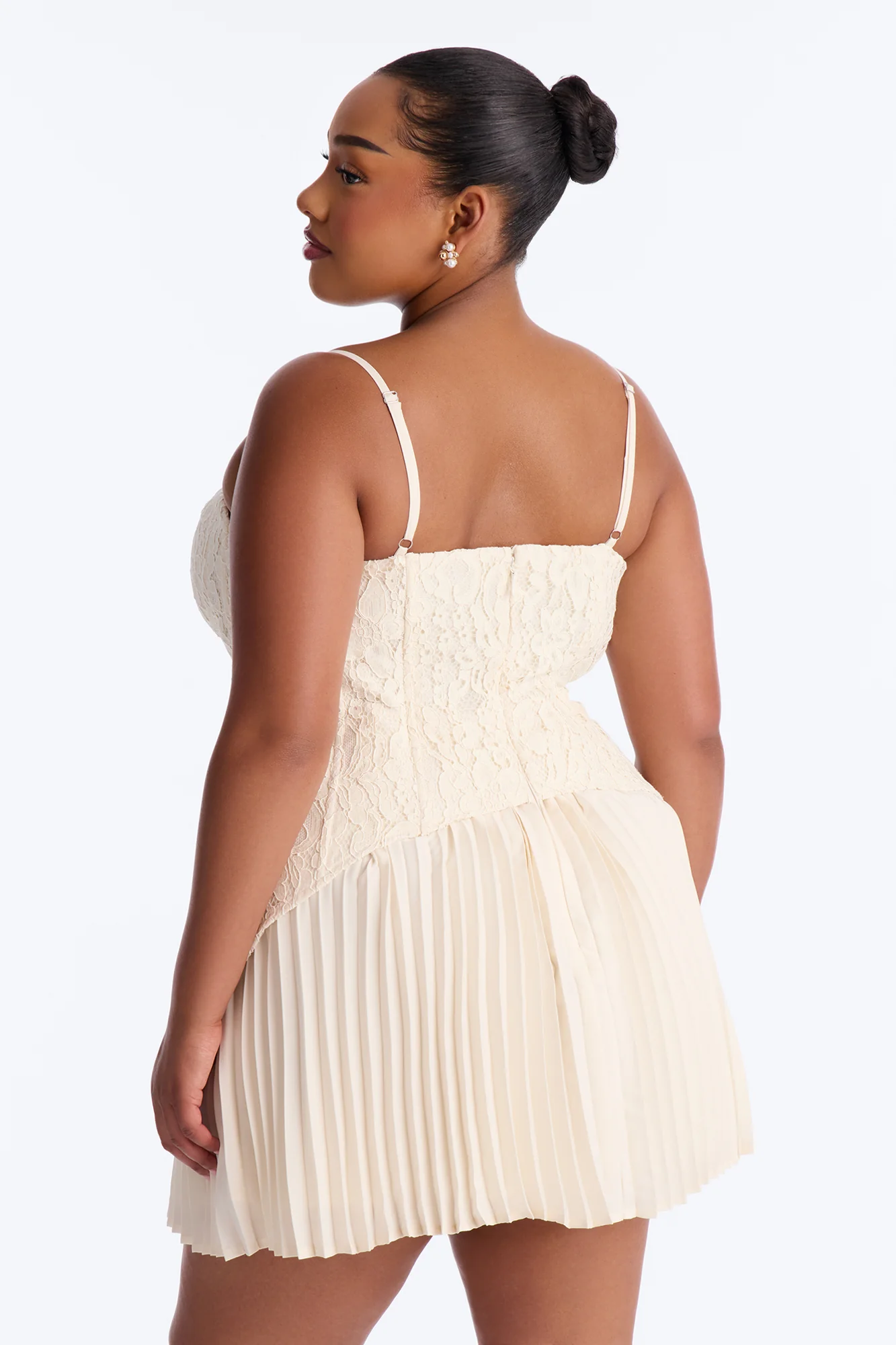 Daniella Lace Corset Pleated Mini Dress - Cream - Image 8