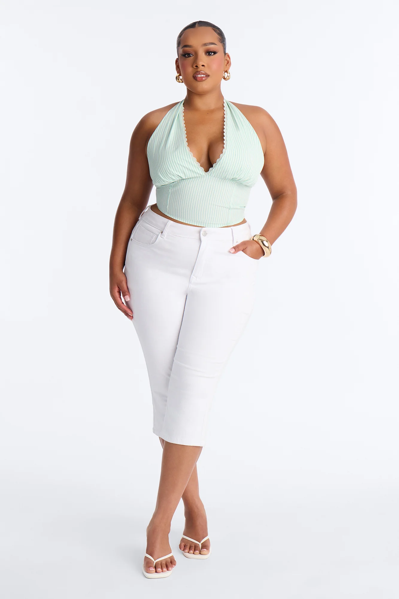 Daniella Lace Trim Poplin Striped Halter Top - Green/combo - Image 6
