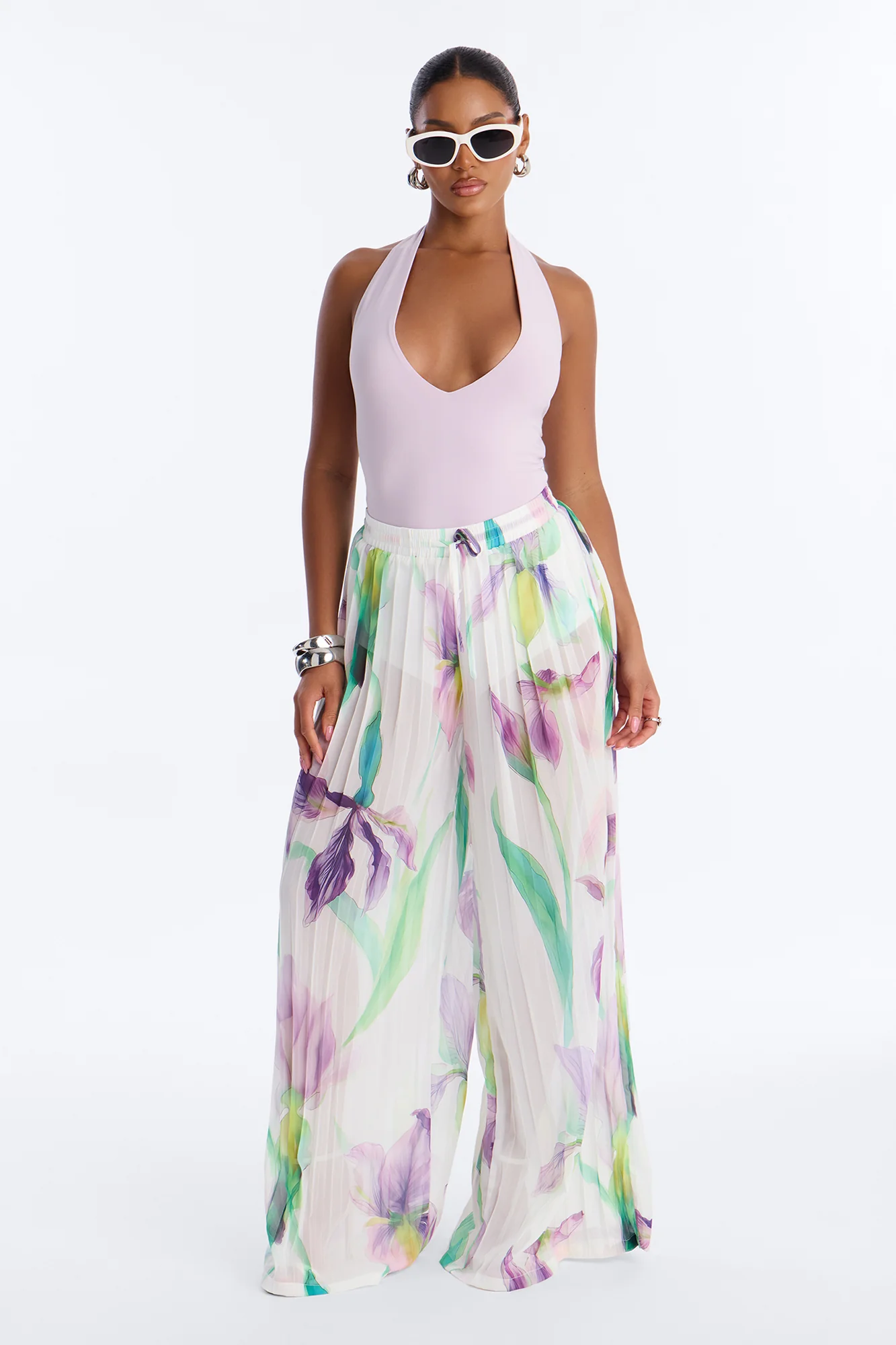 Daniella Pleated Chiffon Wide Leg Pant - Ivory/combo