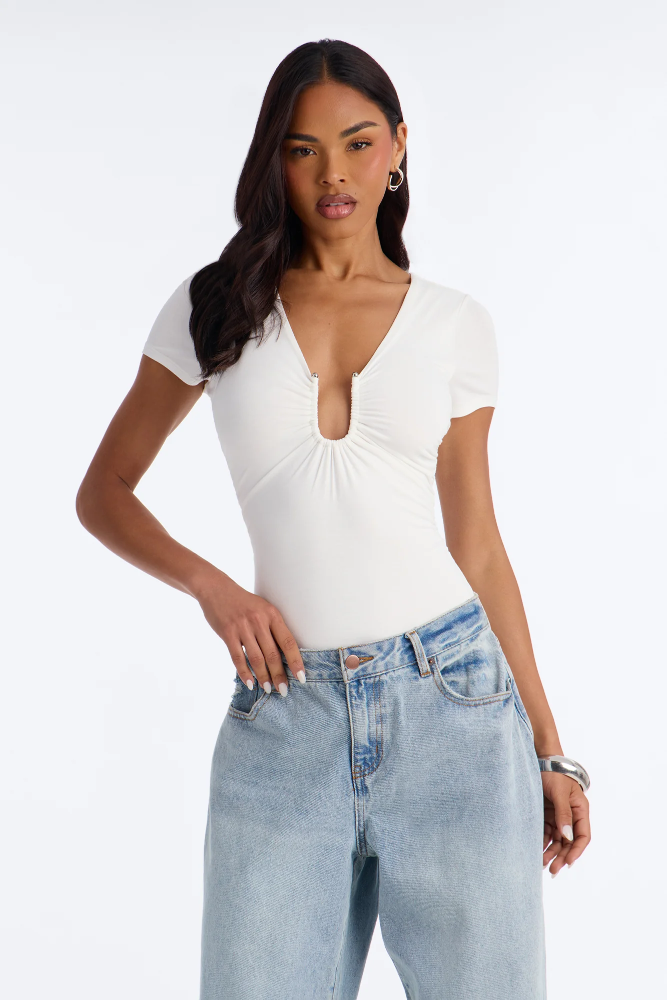 Danielle Deep V Neck Short Sleeve Bodysuit - White - Image 3
