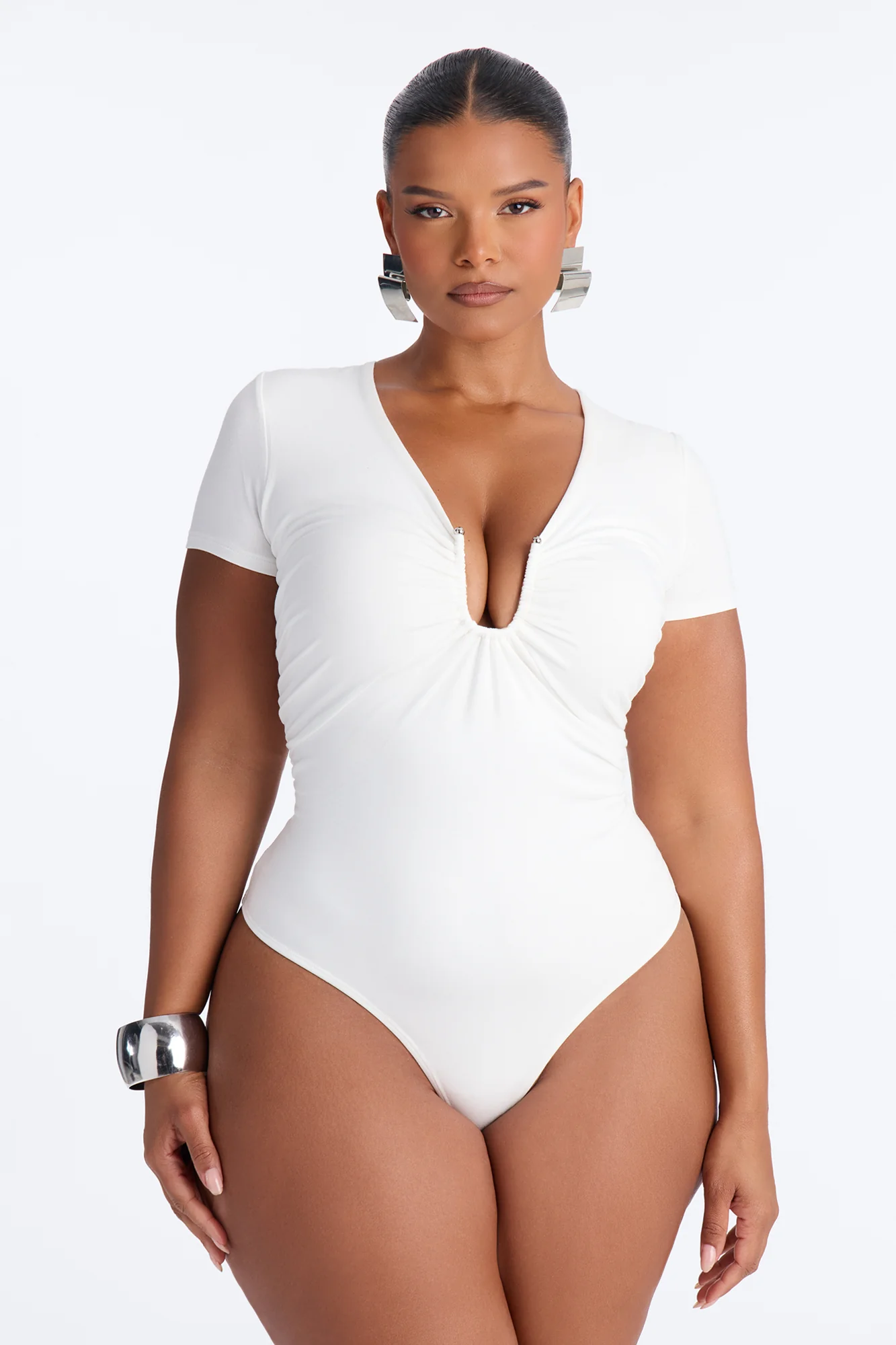 Danielle Deep V Neck Short Sleeve Bodysuit - White - Image 5
