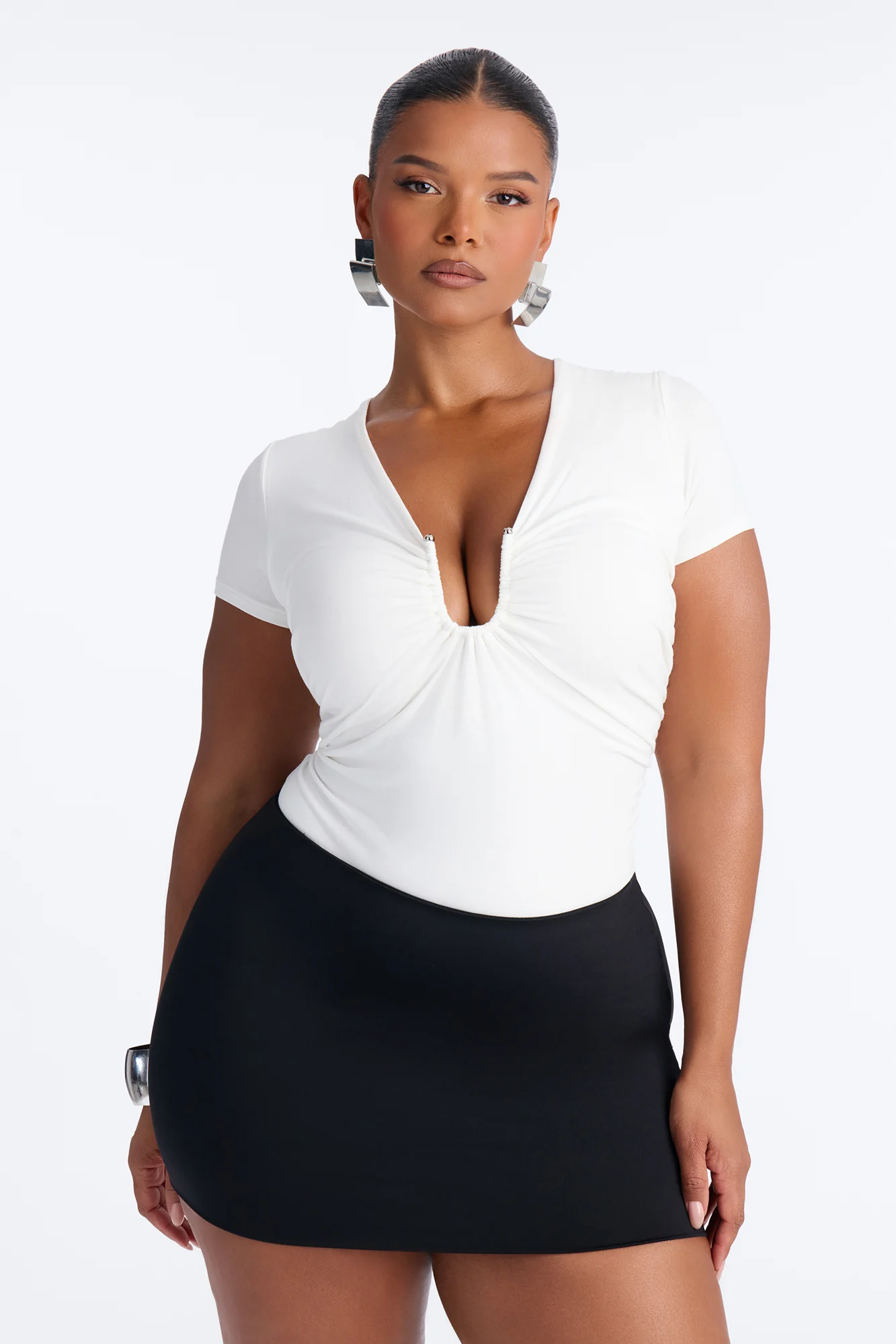 Danielle Deep V Neck Short Sleeve Bodysuit - White - Image 7