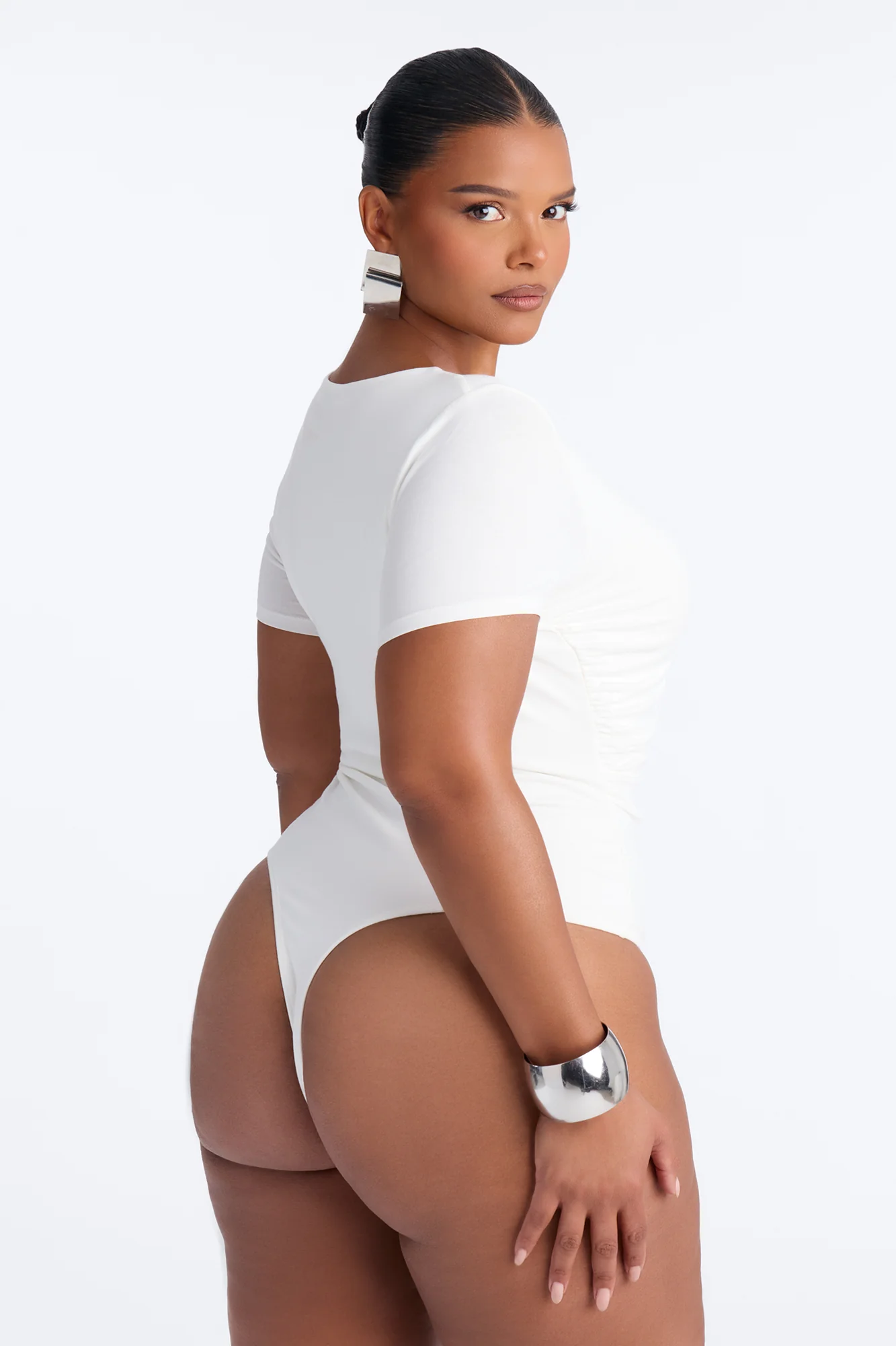 Danielle Deep V Neck Short Sleeve Bodysuit - White - Image 9