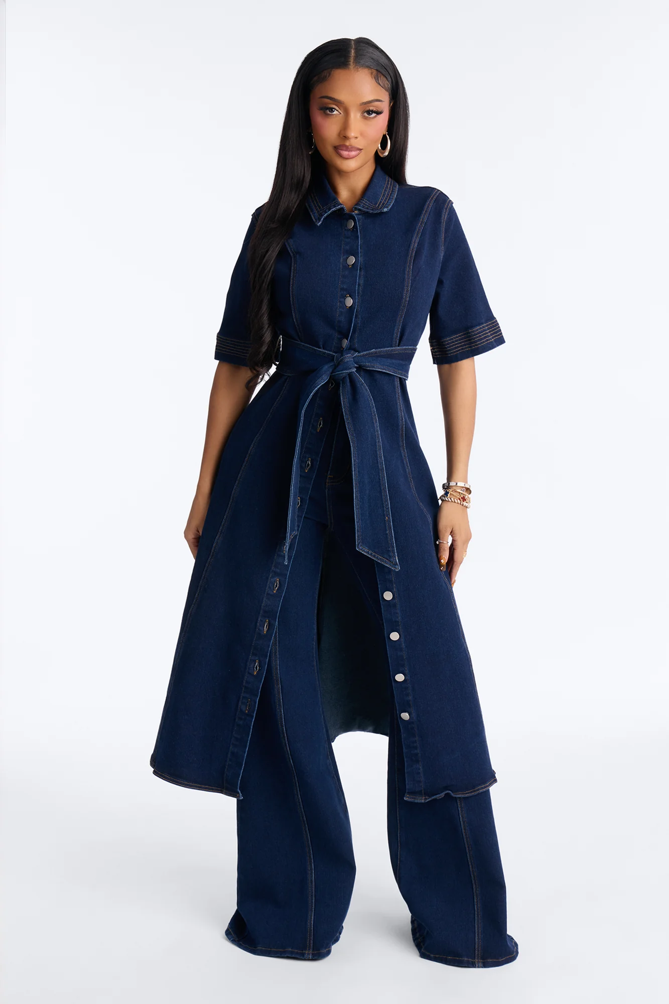 Danielle Denim Tie Waist Pant Set - Dark Wash - Image 3