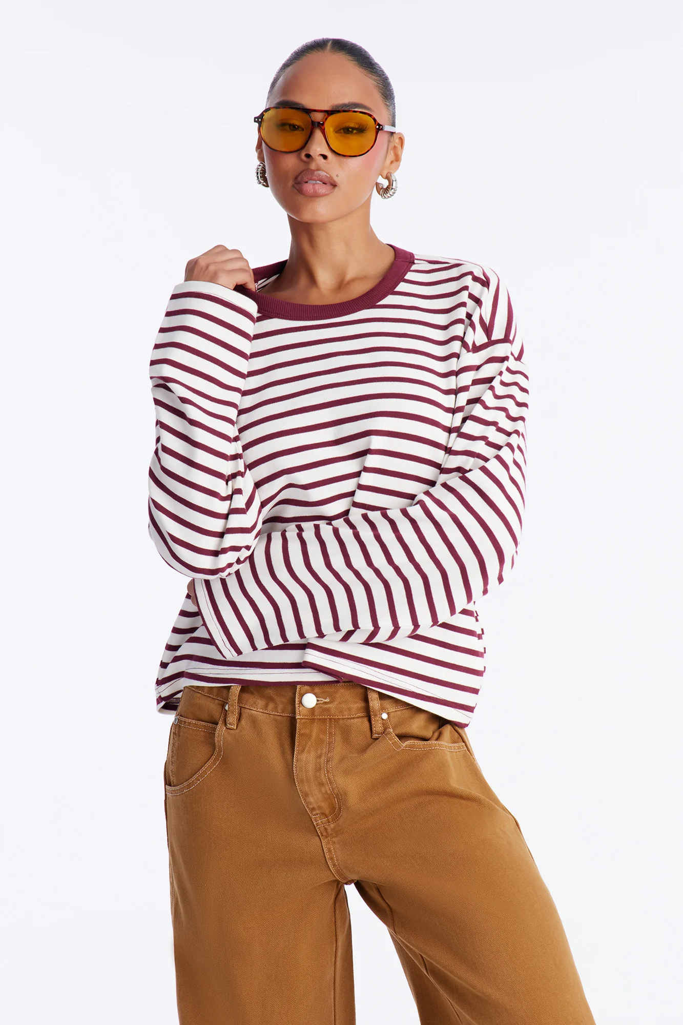 Danielle Striped Crew Neck Long Sleeve Top - Burgundy/combo