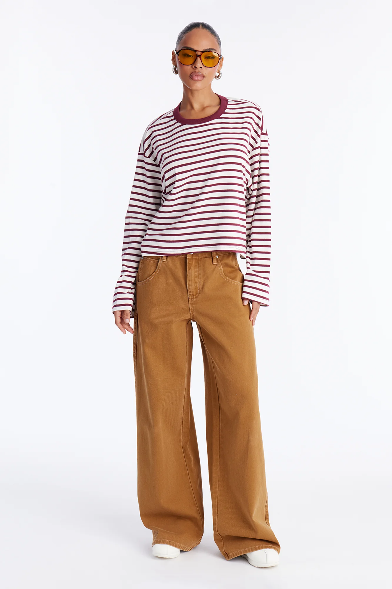 Danielle Striped Crew Neck Long Sleeve Top - Burgundy/combo - Image 2