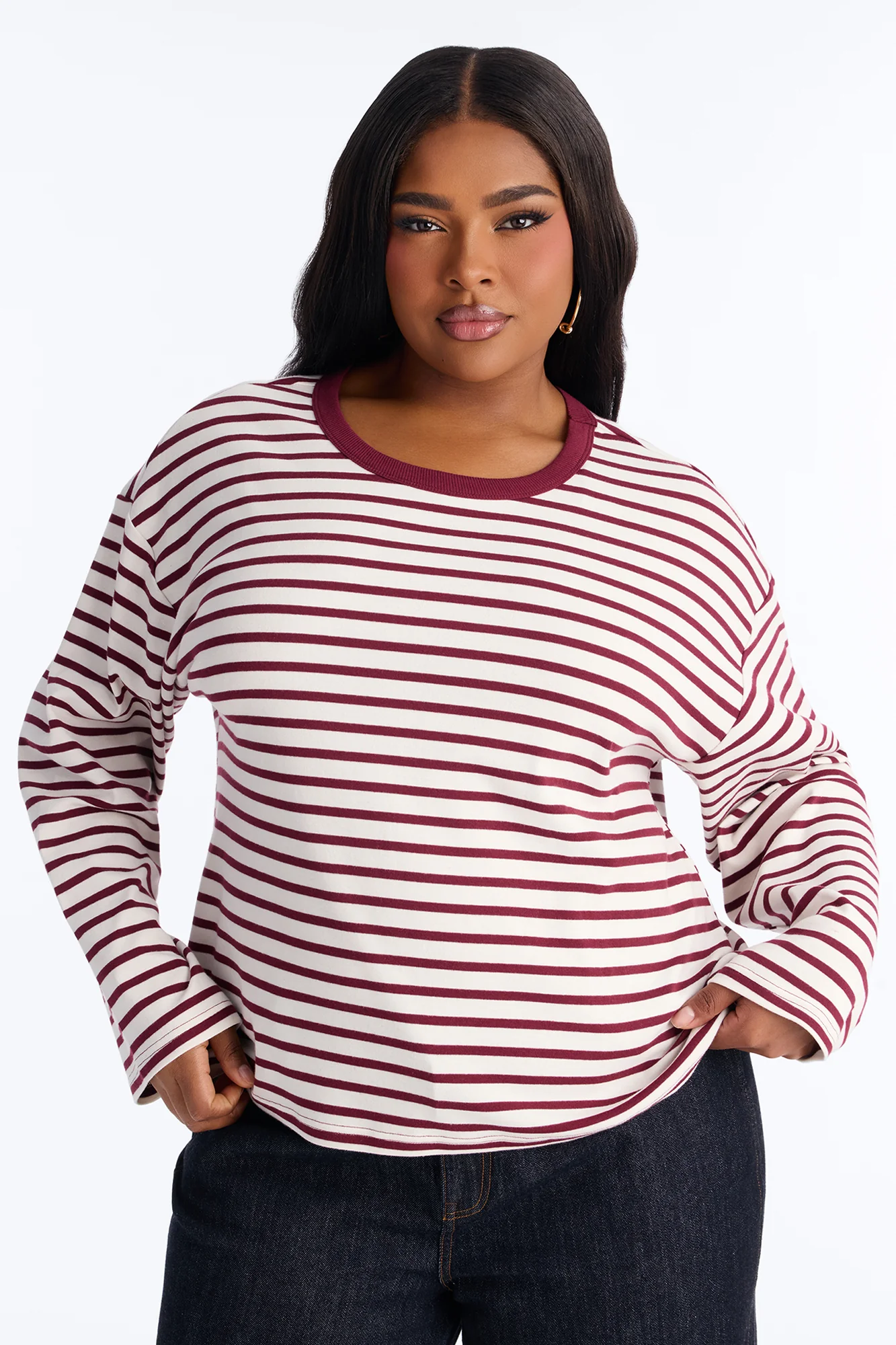 Danielle Striped Crew Neck Long Sleeve Top - Burgundy/combo - Image 4