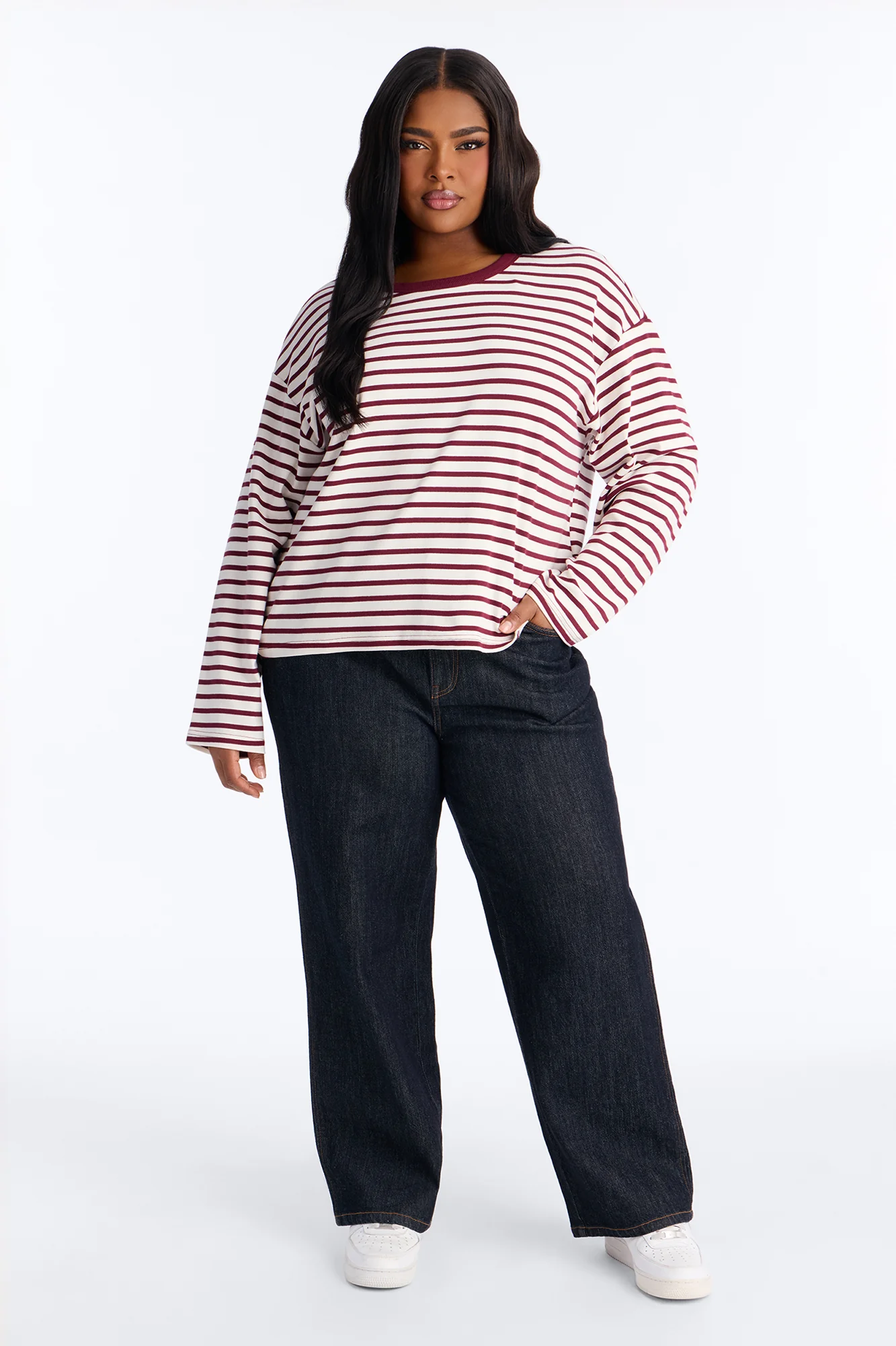 Danielle Striped Crew Neck Long Sleeve Top - Burgundy/combo - Image 5