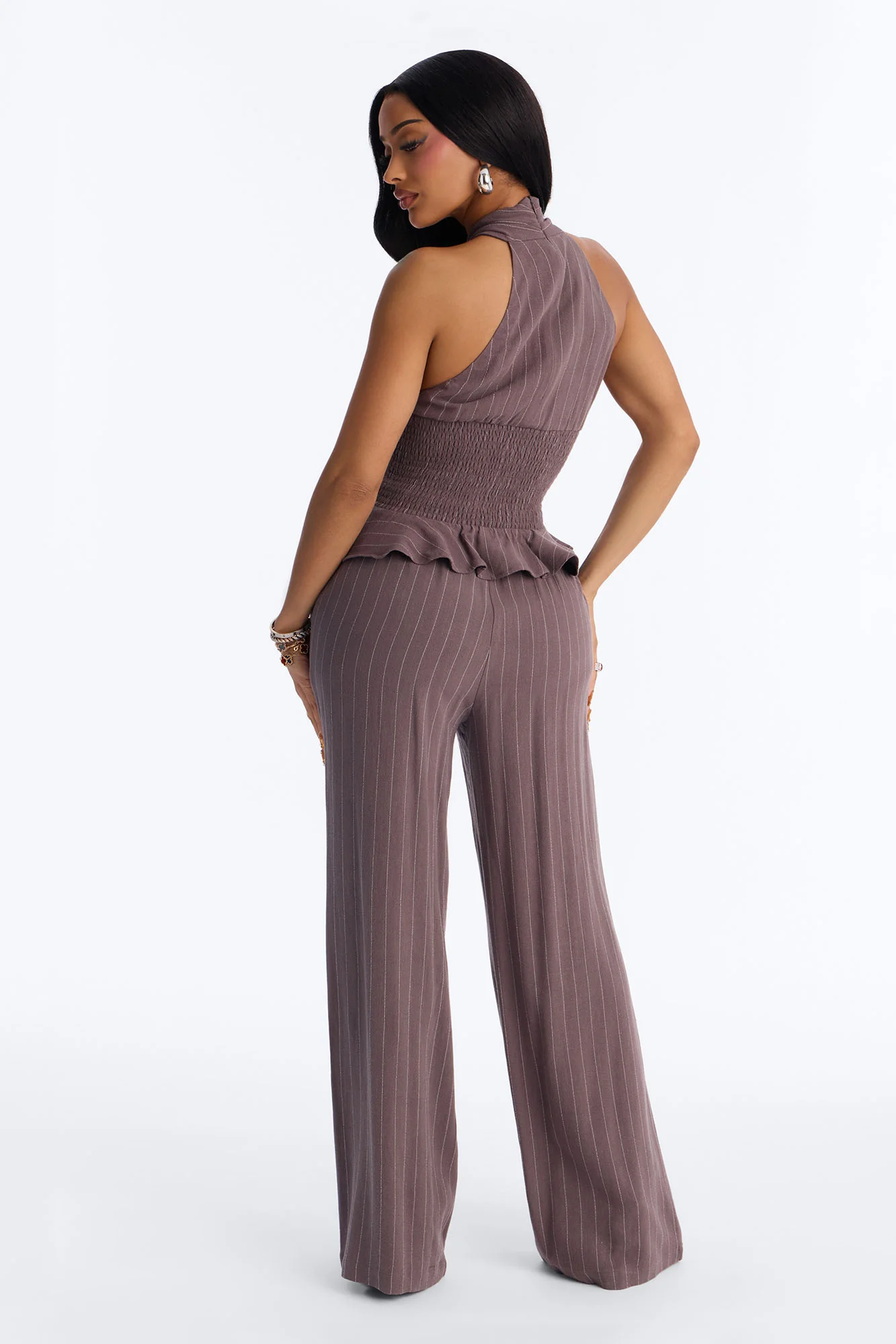 Daphne Linen Pinstripe Pant Set - Charcoal - Image 3
