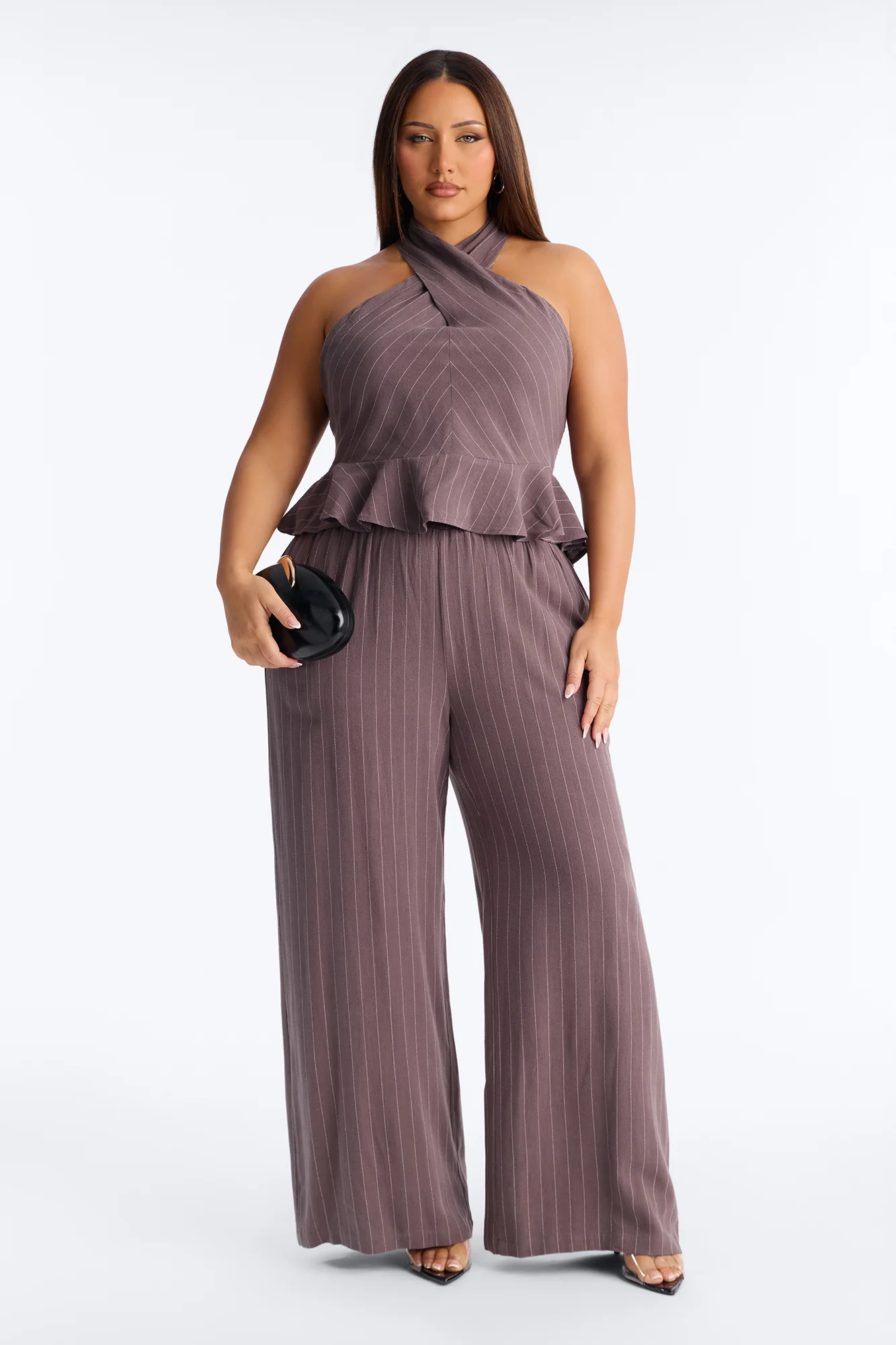 Daphne Linen Pinstripe Pant Set - Charcoal - Image 4