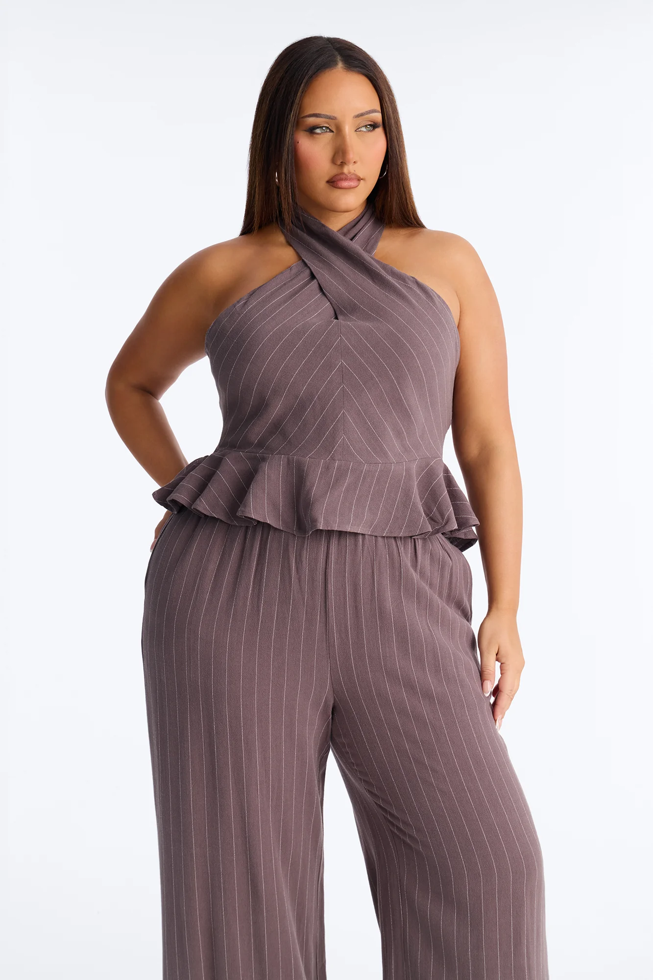 Daphne Linen Pinstripe Pant Set - Charcoal - Image 5