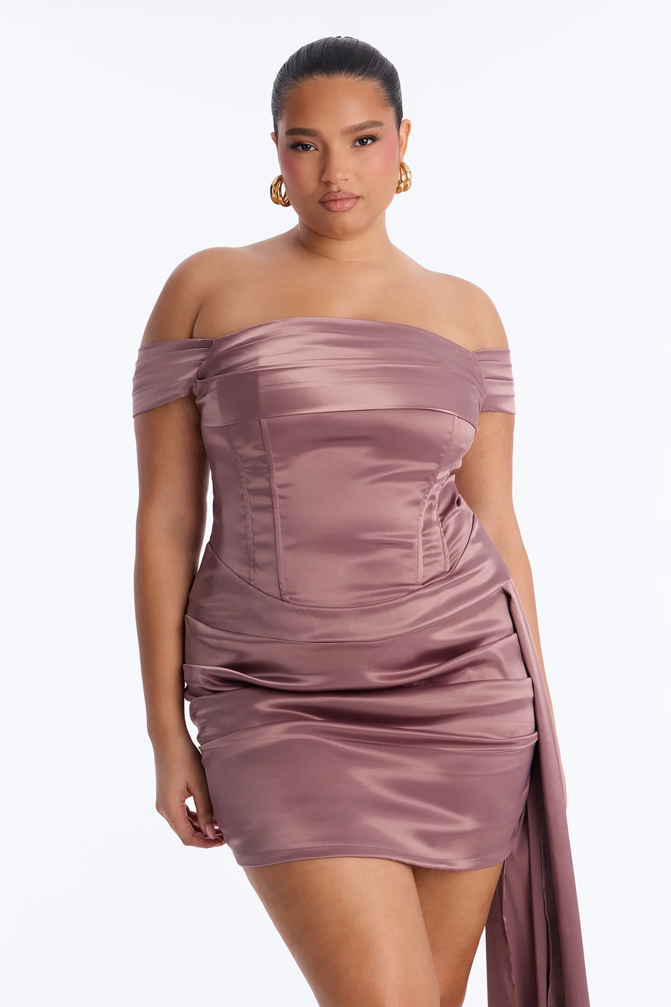 Daphne Off Shoulder Satin Mini Dress - Purple - Image 5