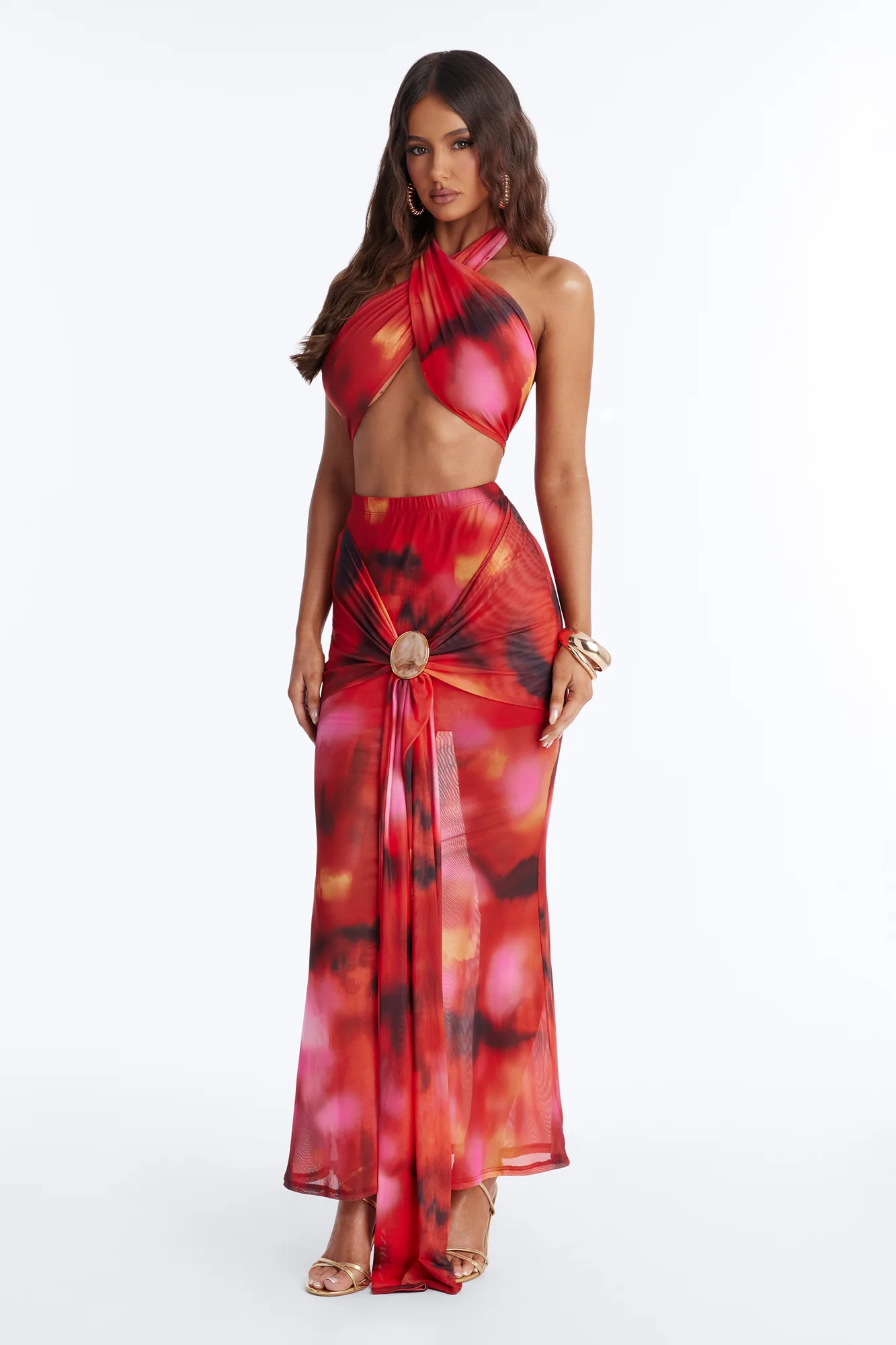 Darci Mesh Halter Maxi Skirt Set - Red/combo