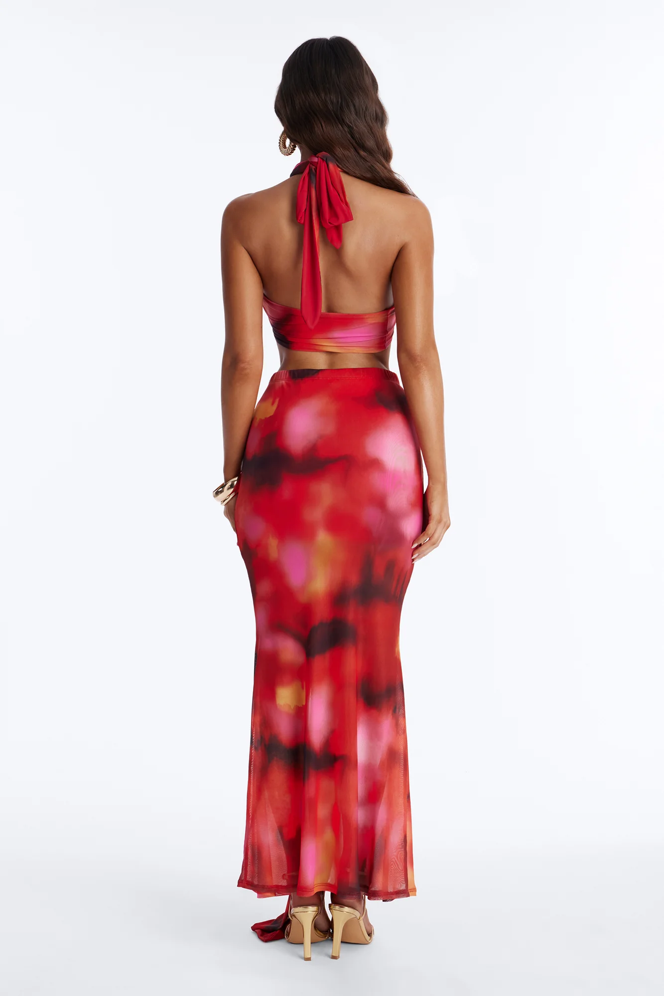 Darci Mesh Halter Maxi Skirt Set - Red/combo - Image 4