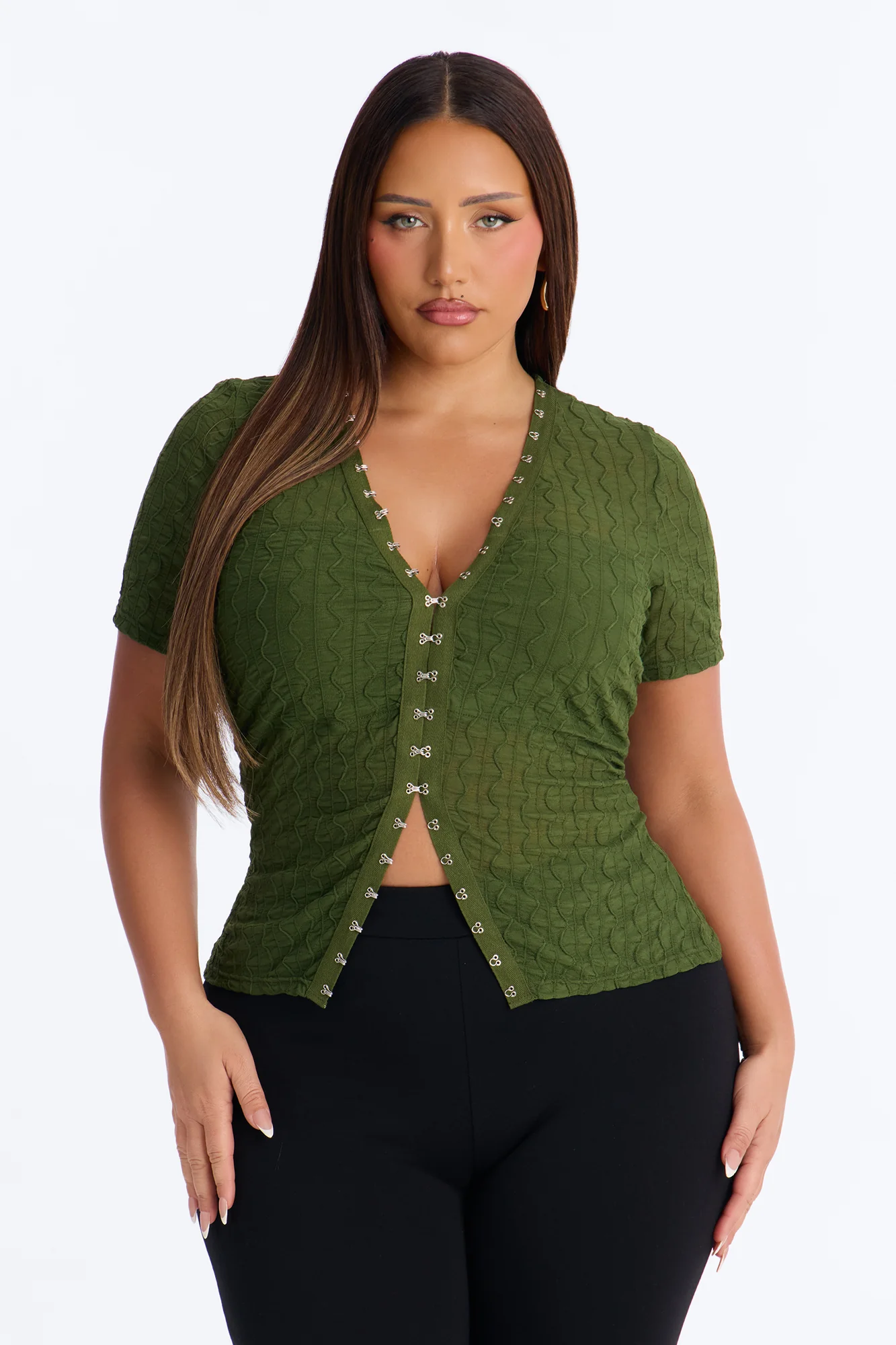 Dark Dream Short Sleeve Flyaway Top - Olive - Image 5