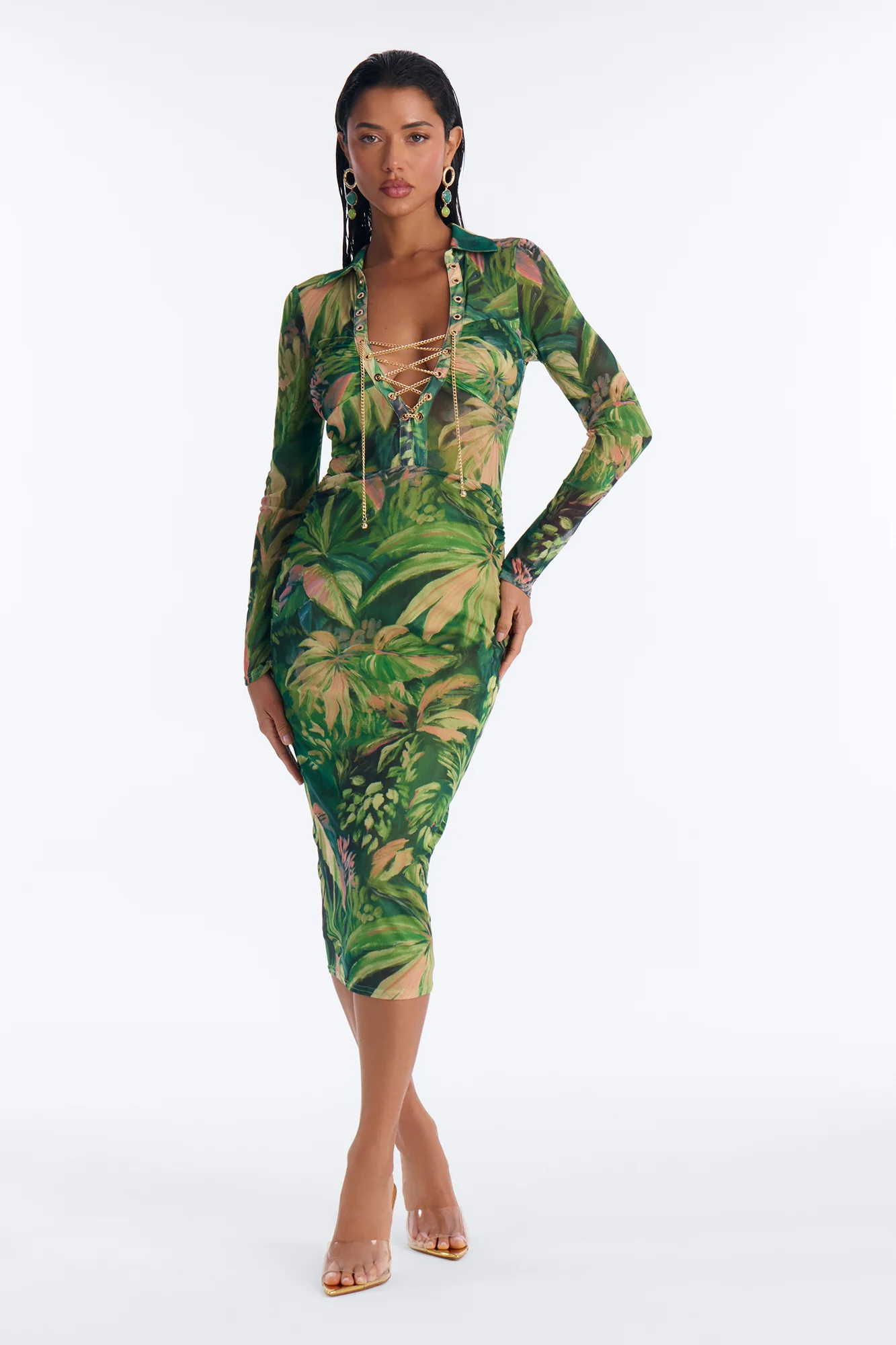 Dark Paradise Lace Up Mesh Midi Dress - Green/combo