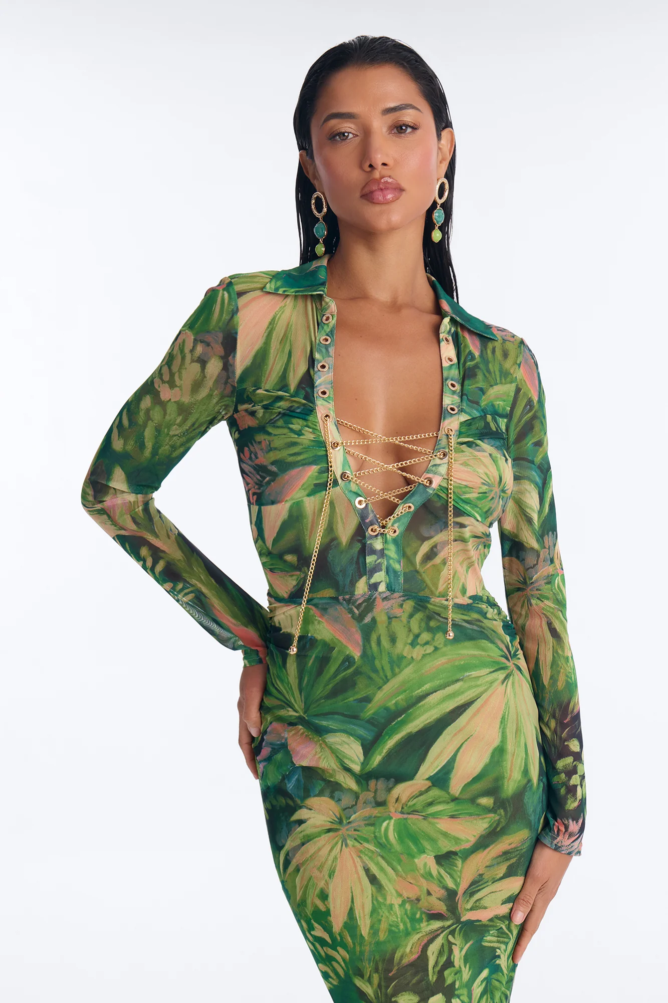 Dark Paradise Lace Up Mesh Midi Dress - Green/combo - Image 2