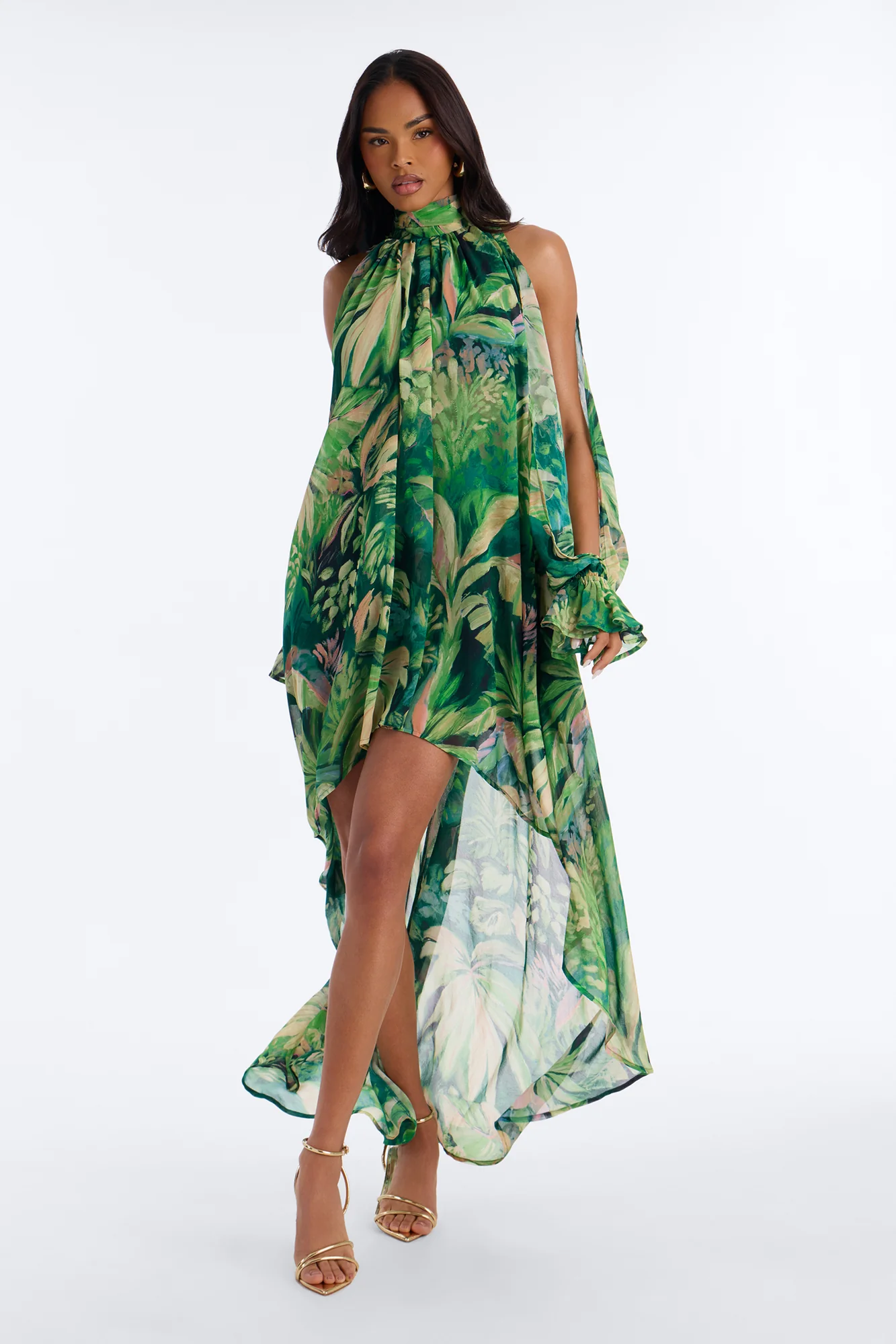 Dark Paradise Long Sleeve Chiffon Maxi Dress - Green/combo