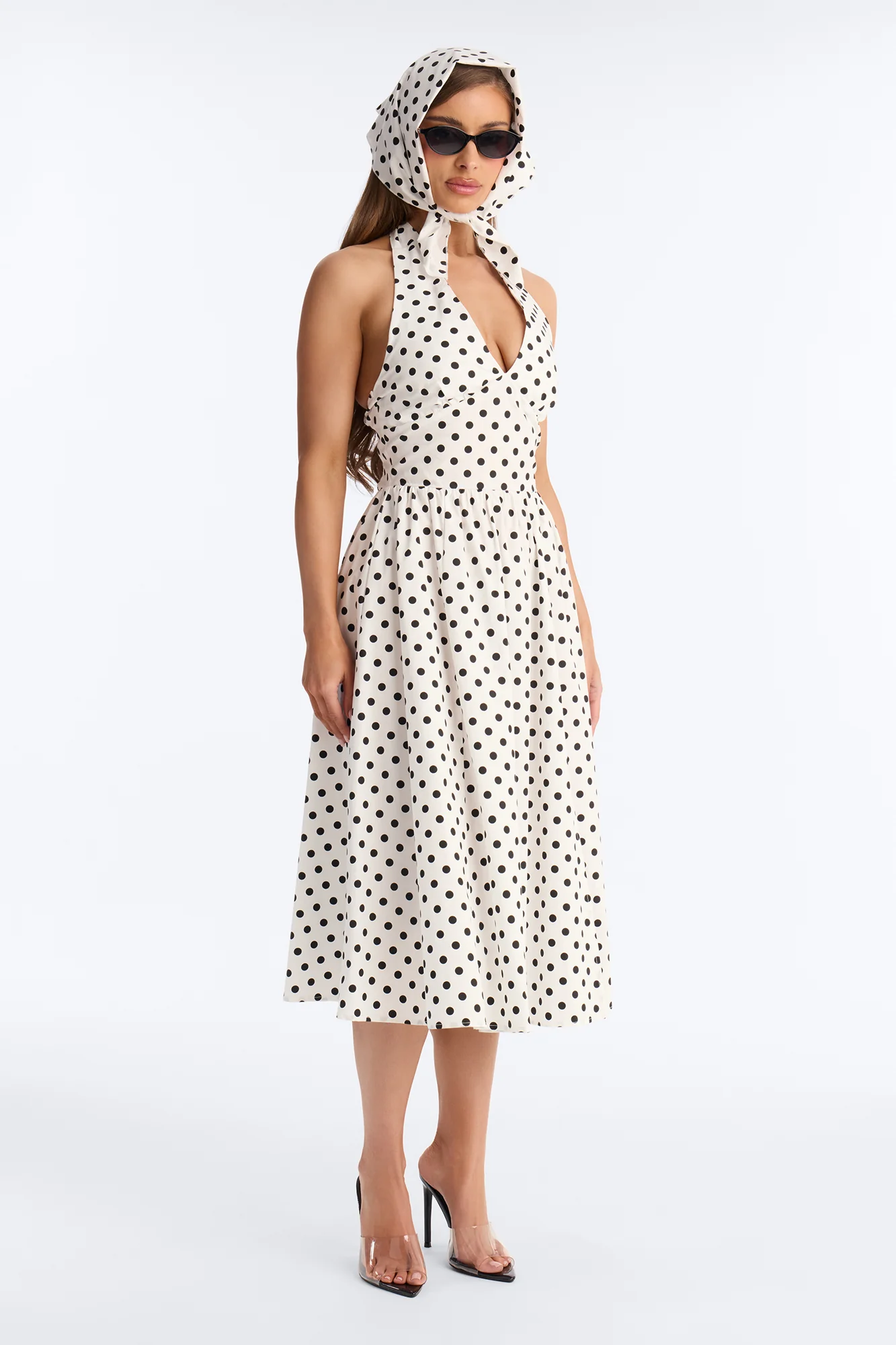 Darla Halter Polka Dot Midi Dress - White/Black