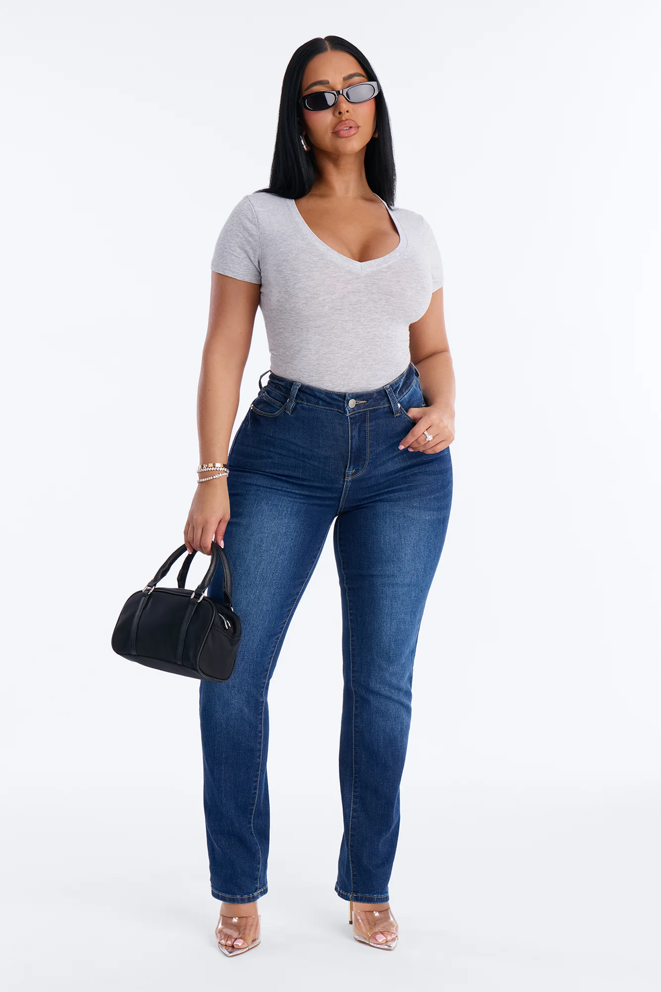 Darlene Basic V Neck Top - Heather Grey - Image 2