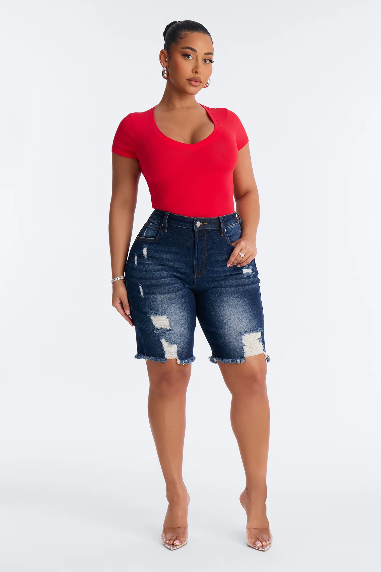 Darlene Basic V Neck Top - Red - Image 2