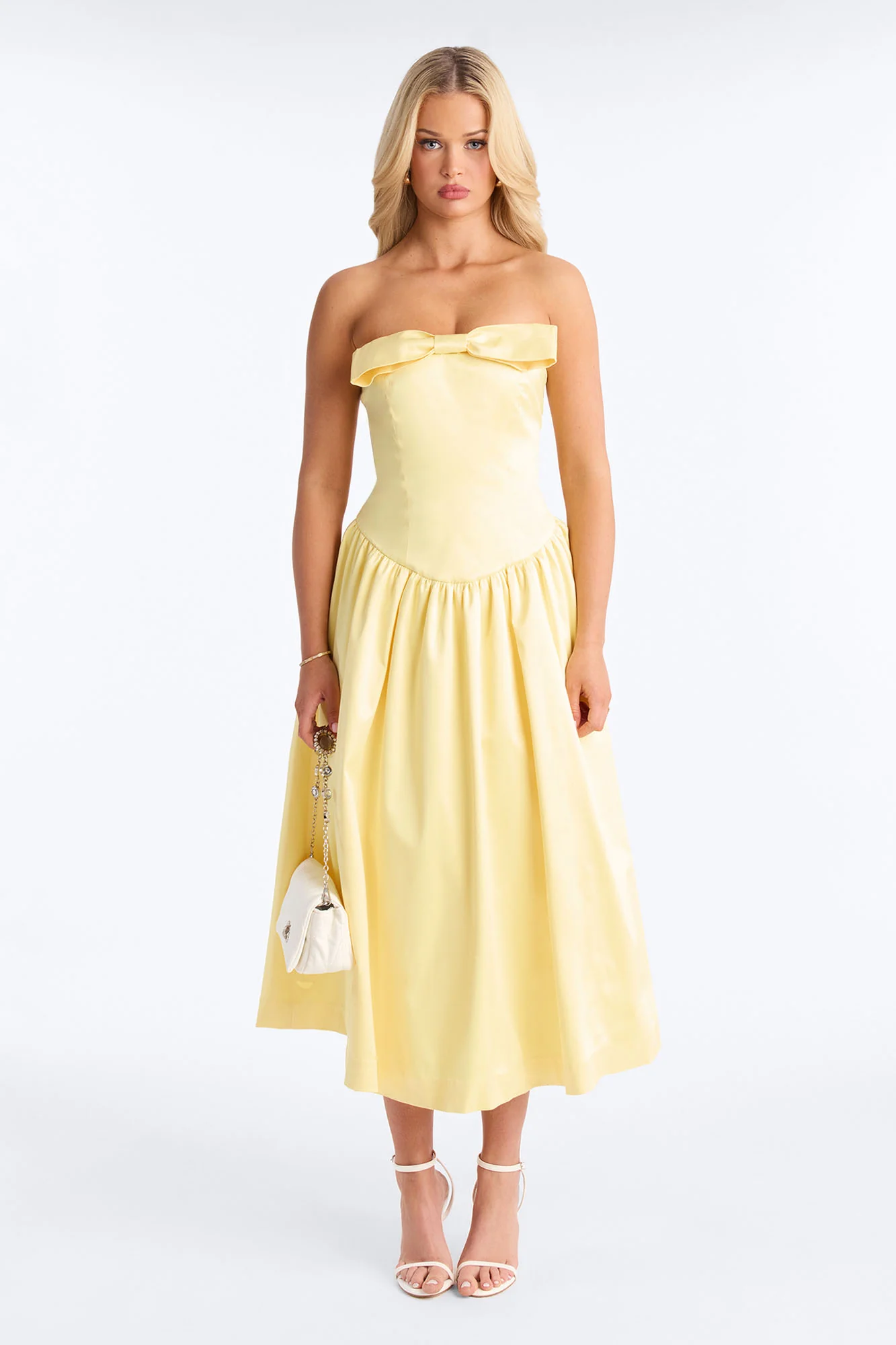 Darling Bow Satin Midi Dress - Butter Yellow