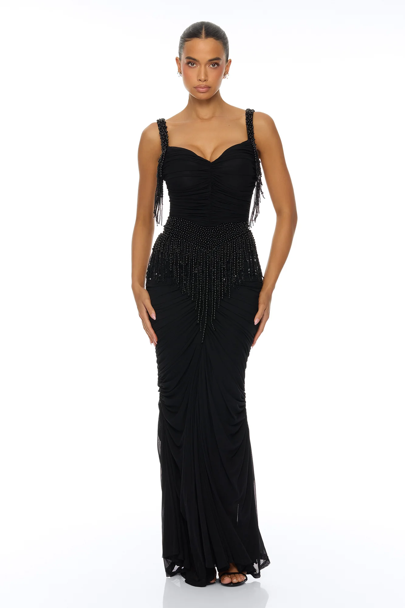 Davina Pearl Ruched Mesh Gown - Black