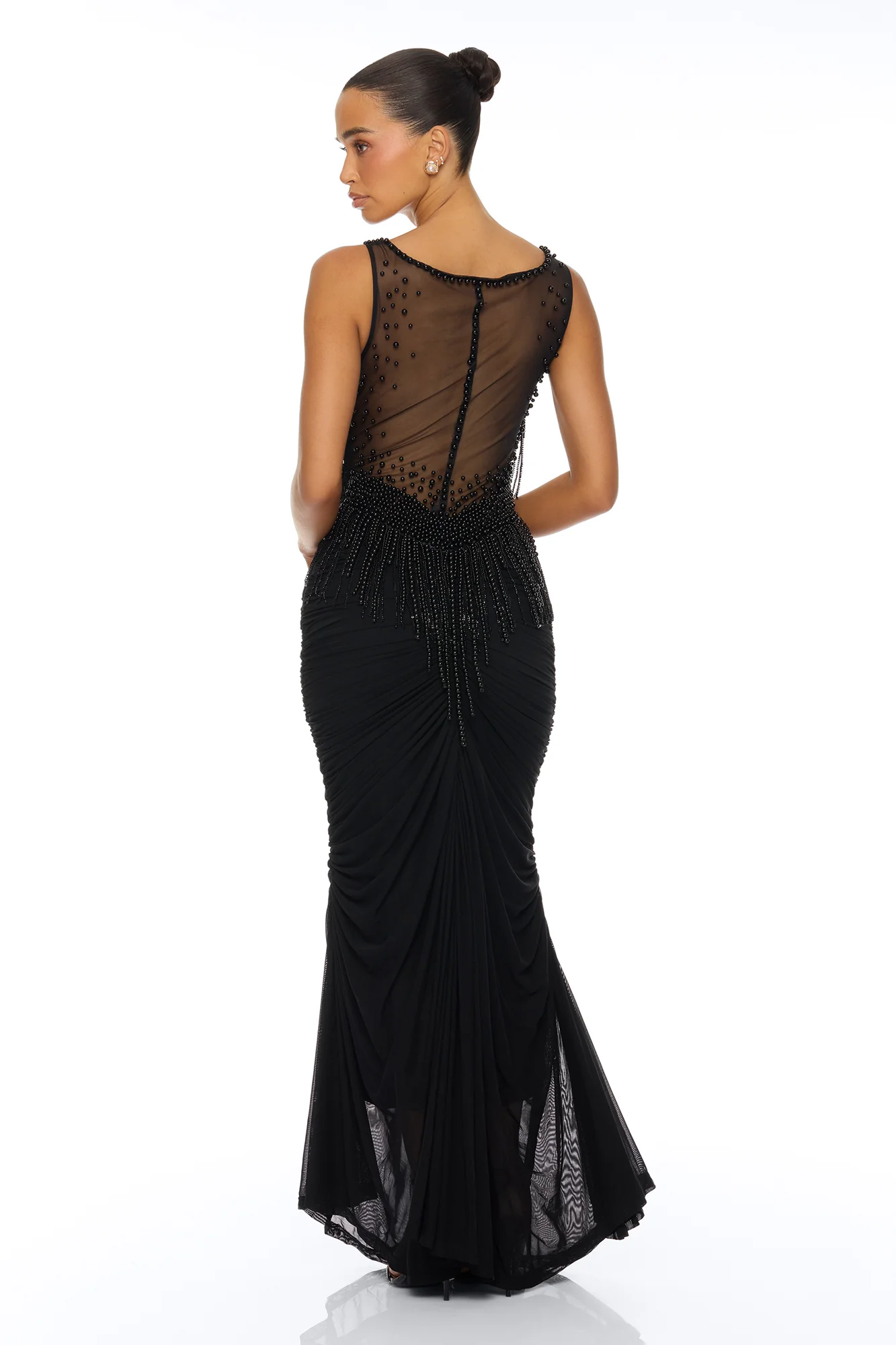 Davina Pearl Ruched Mesh Gown - Black - Image 4