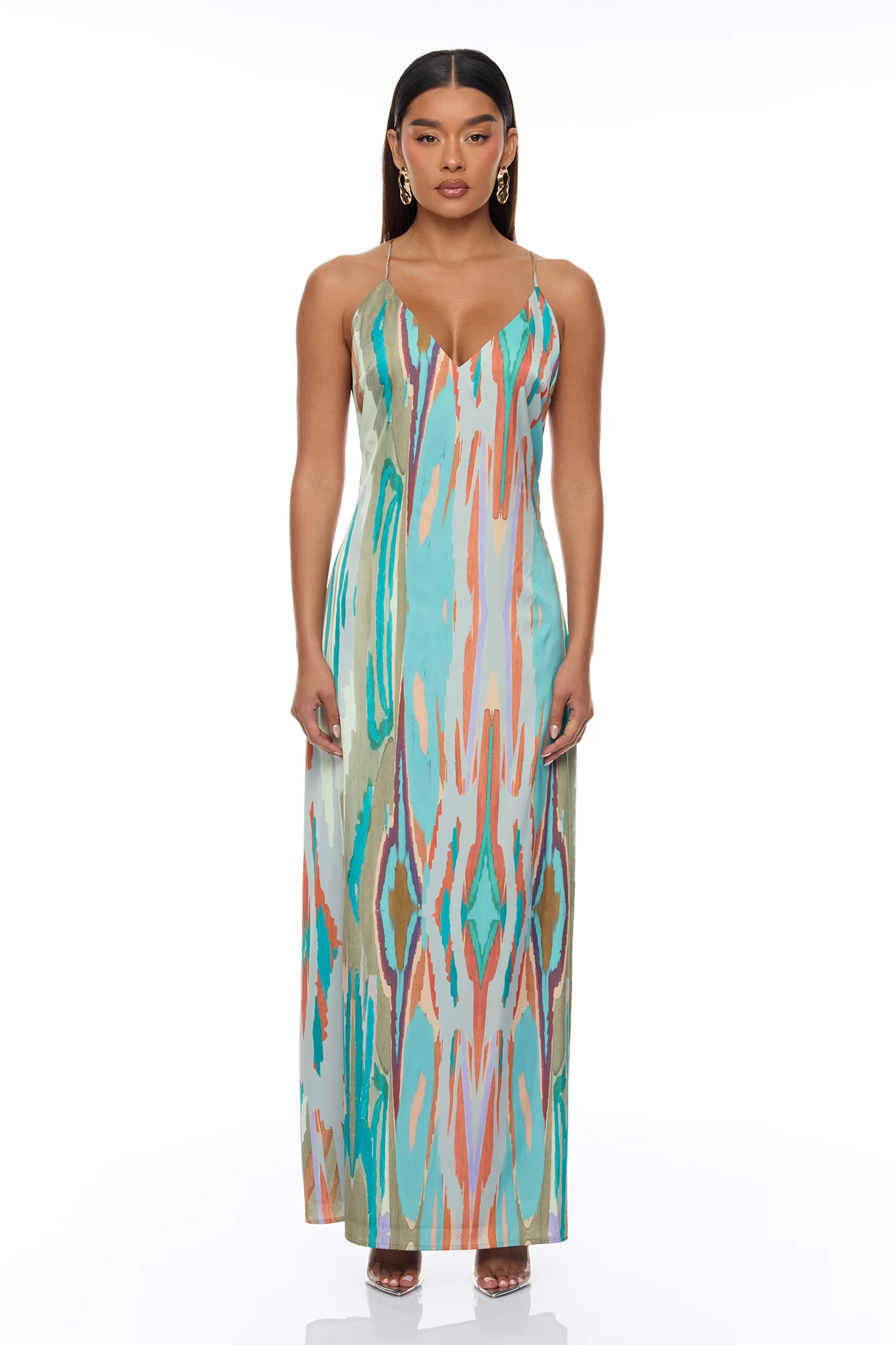 Daydreaming Backless Satin Maxi Dress - Turquoise/combo