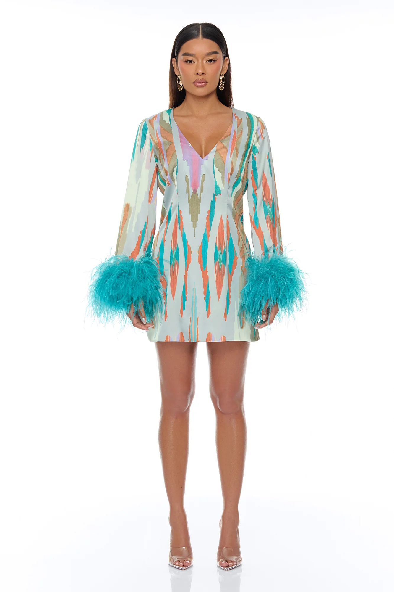 Daydreaming Feathered Satin Mini Dress - Turquoise/combo - Image 2