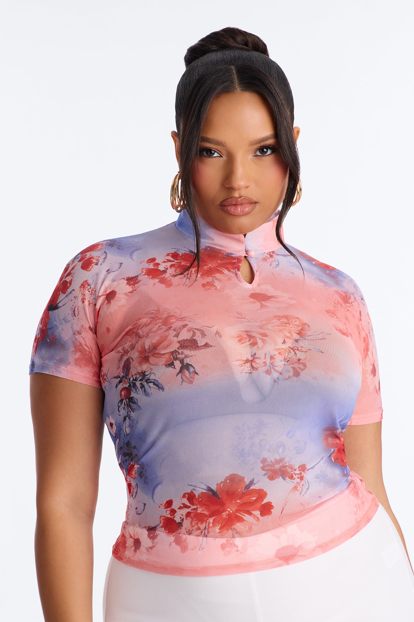 Daytime Blossom Mesh Mock Neck Short Sleeve Top - Pink/combo - Image 6