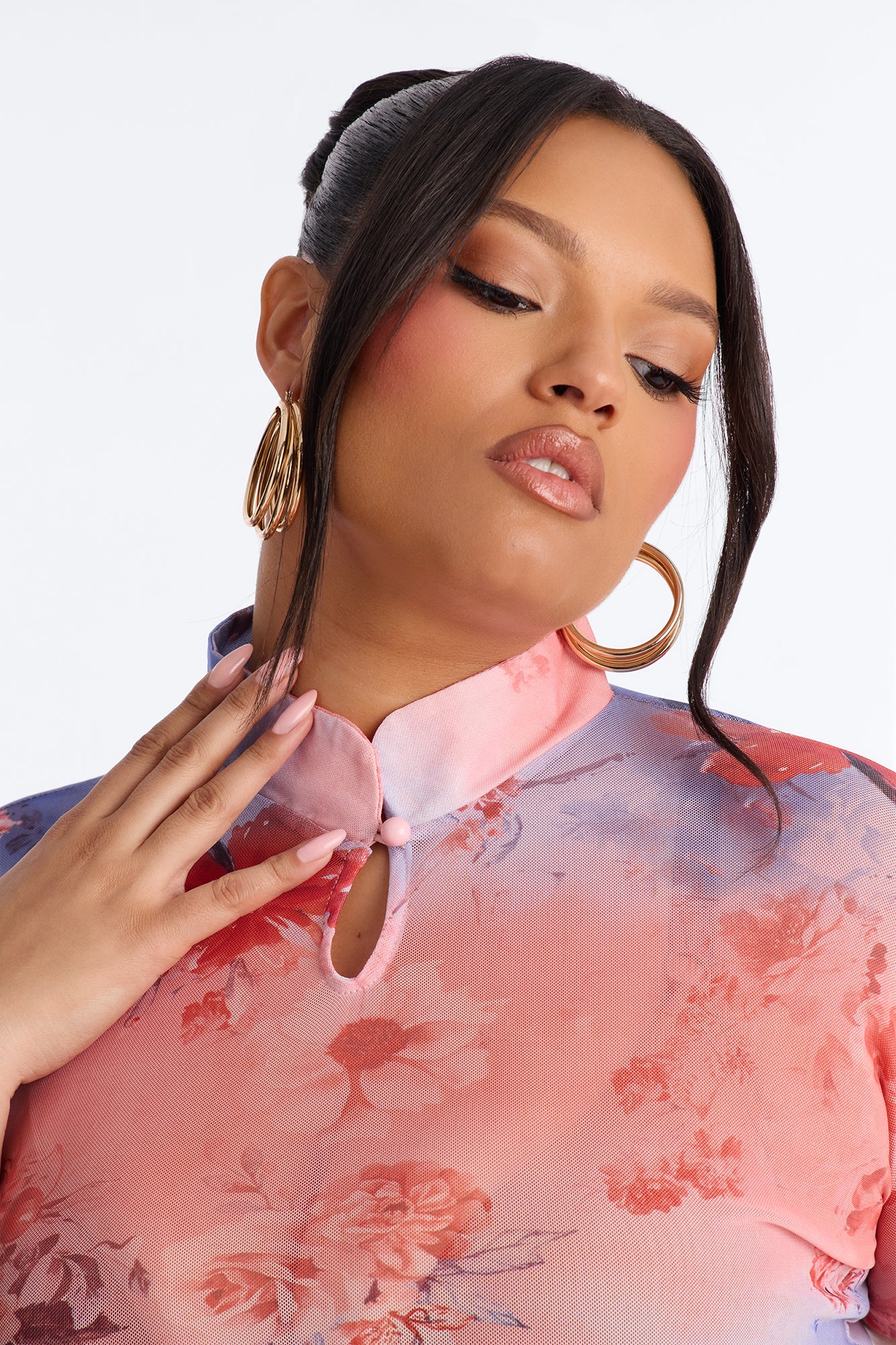 Daytime Blossom Mesh Mock Neck Short Sleeve Top - Pink/combo - Image 7
