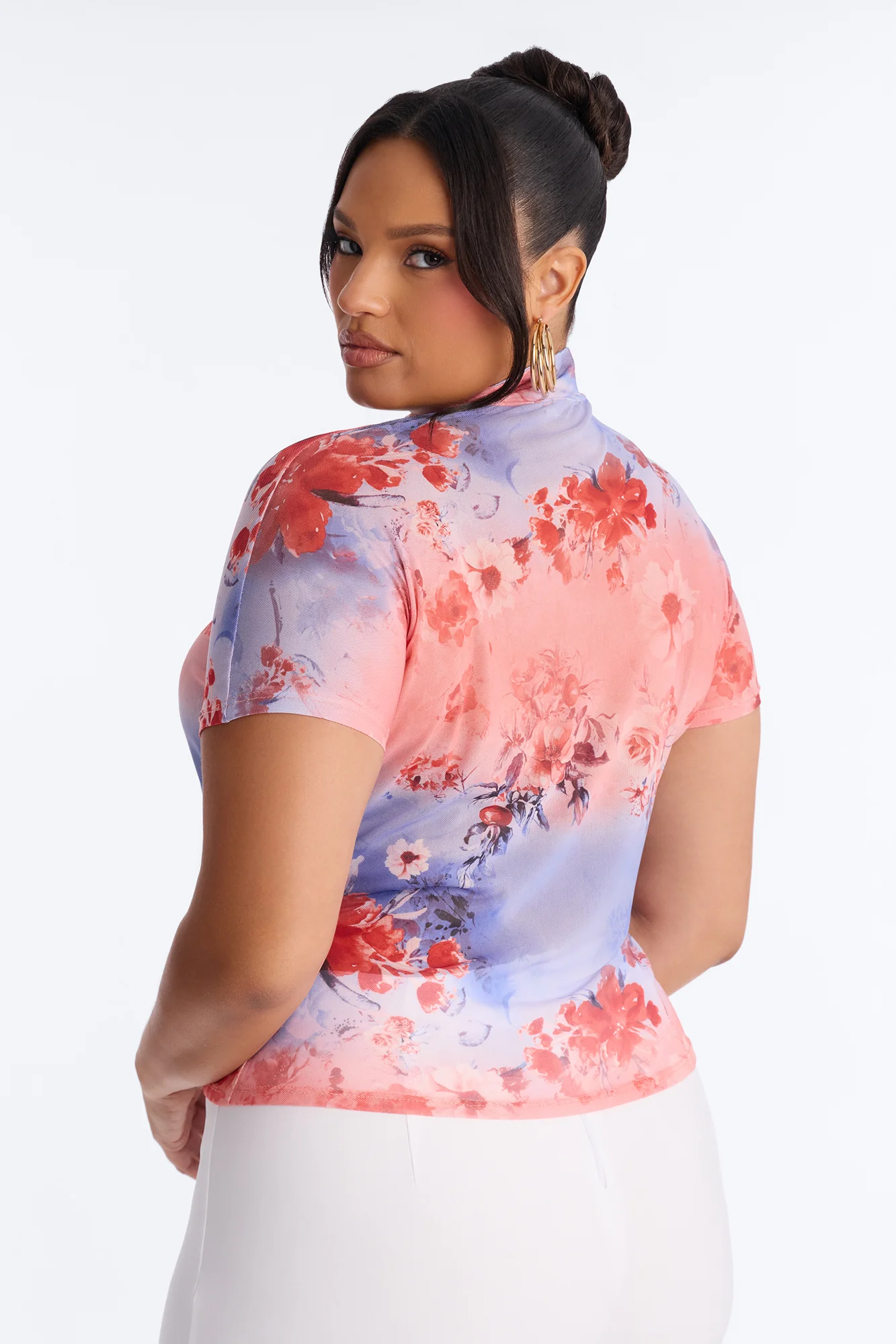Daytime Blossom Mesh Mock Neck Short Sleeve Top - Pink/combo - Image 8