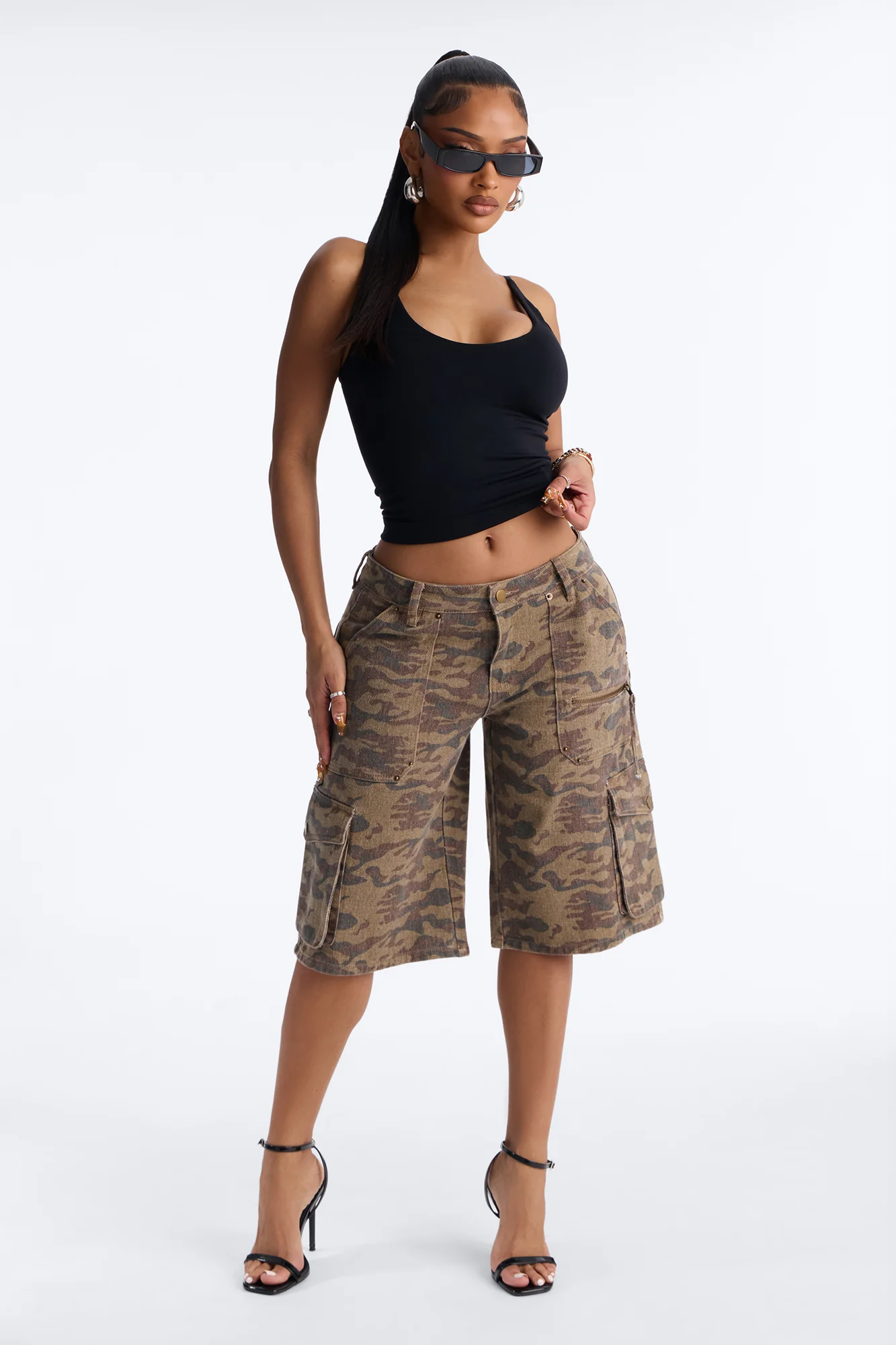 Declassified Camo Cargo Baggy Denim Jorts - Brown Combo