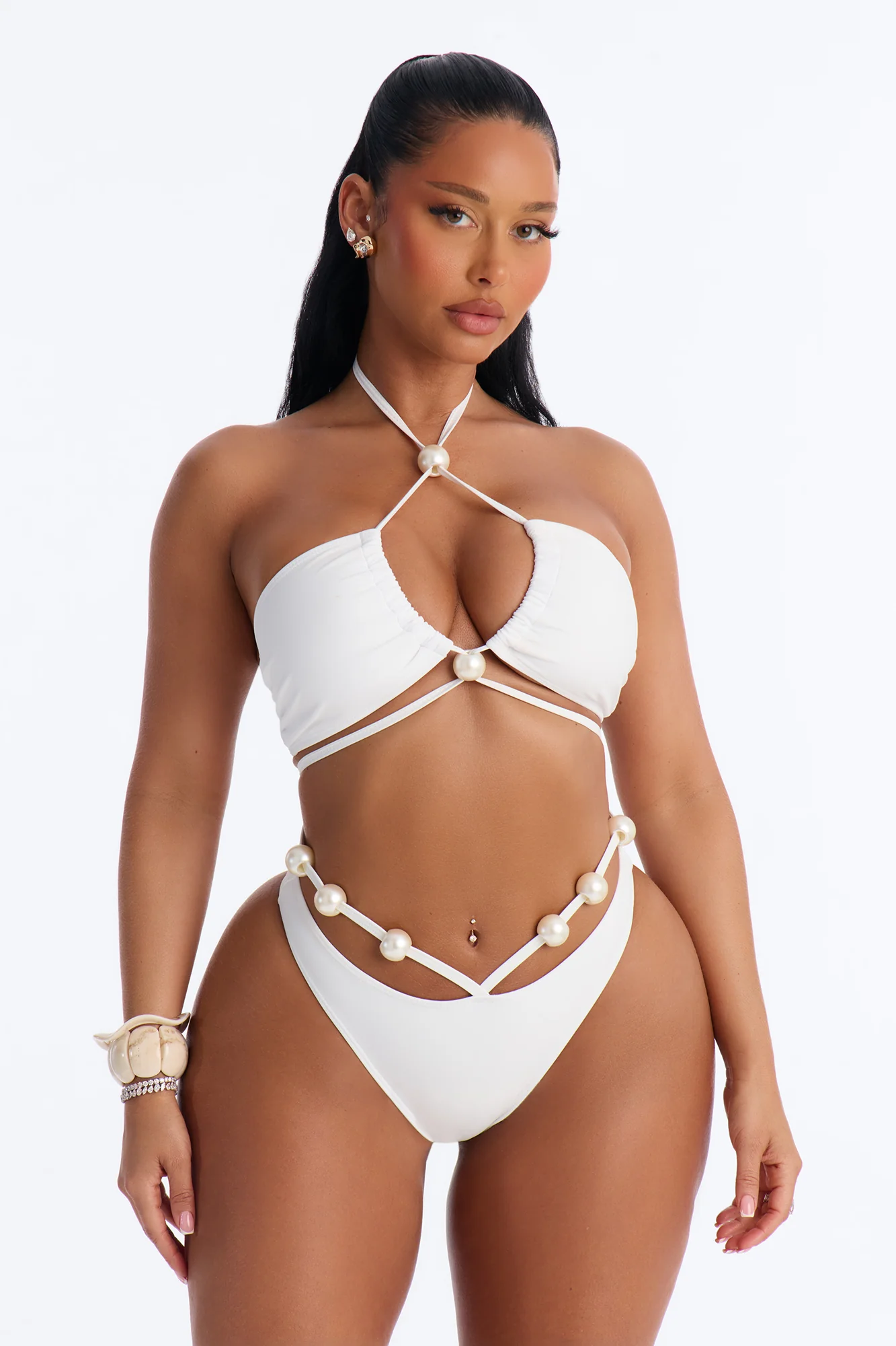 Deep End Diva 3 Piece Pearl Strappy Bralette Bikini & Crochet Cover Up Sarong Sunsuit - Cream - Image 2