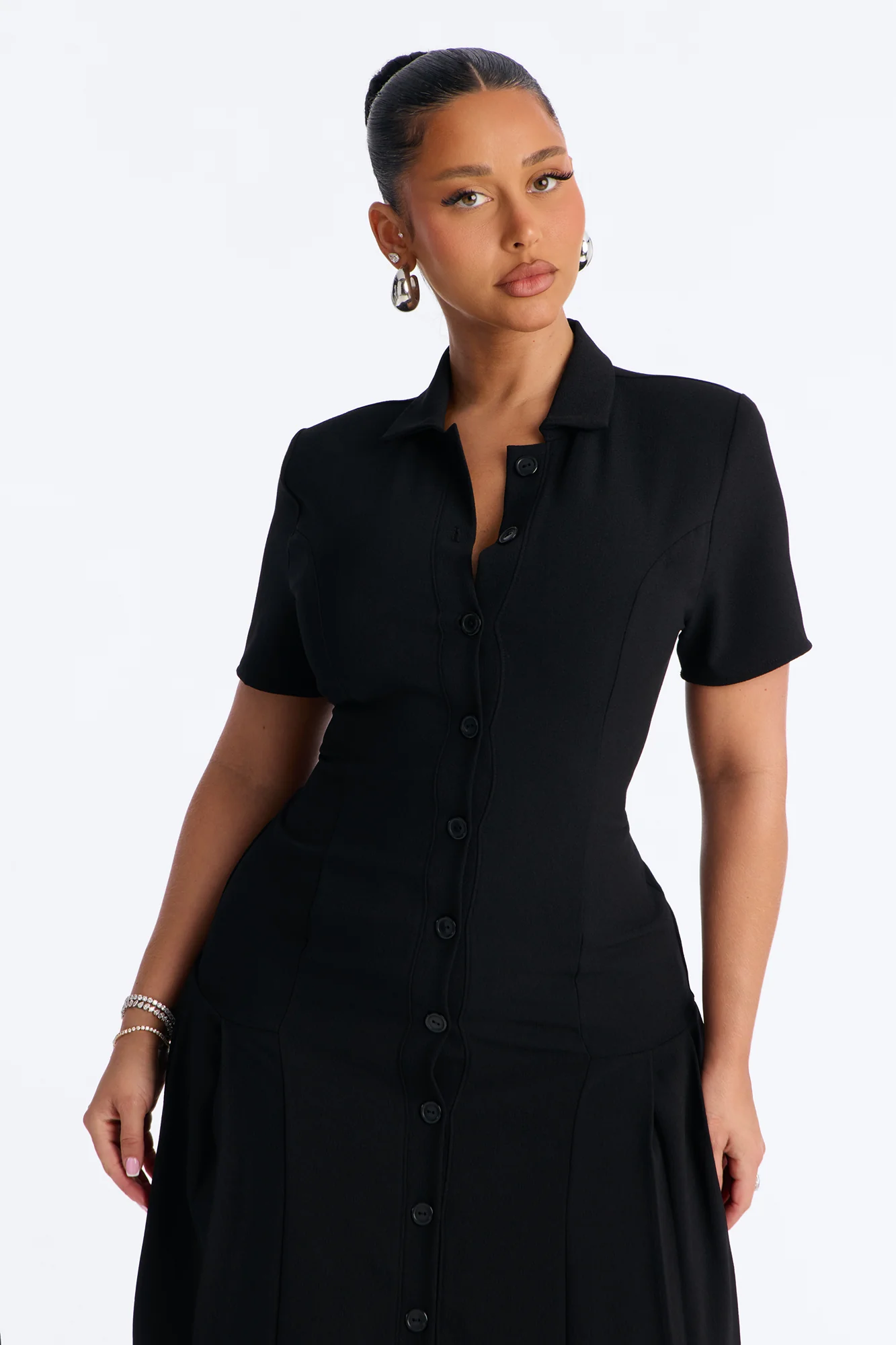 Delaney Button Up Pleated Midi Dress - Black - Image 2