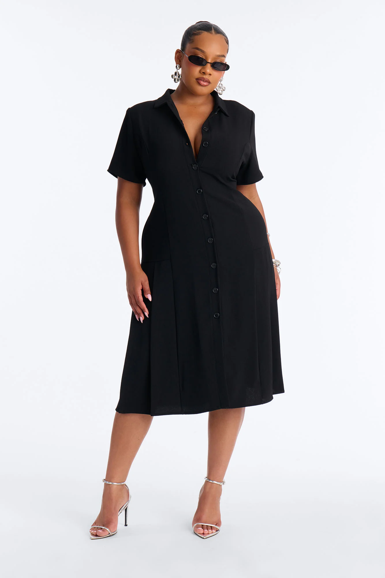 Delaney Button Up Pleated Midi Dress - Black - Image 5