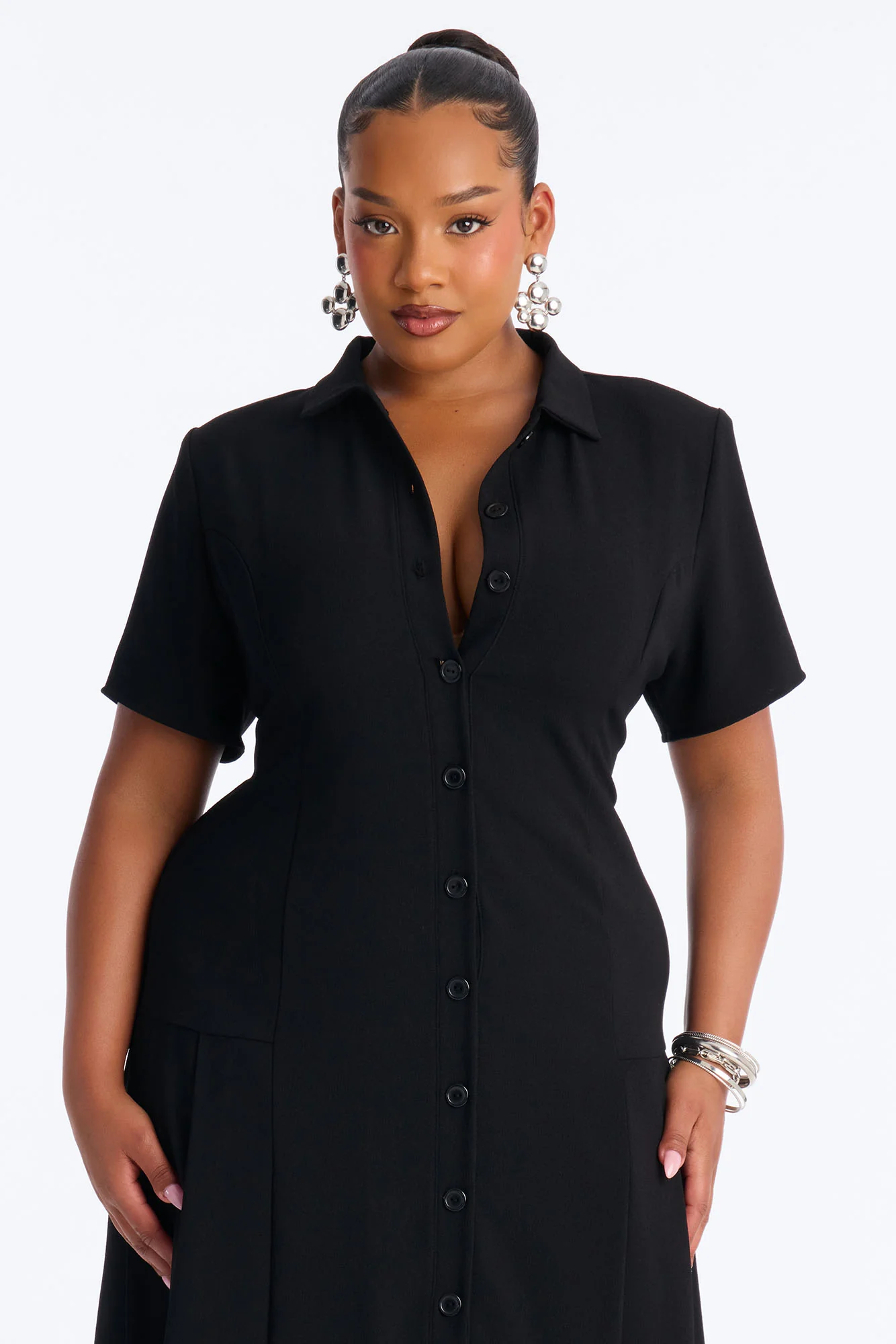 Delaney Button Up Pleated Midi Dress - Black - Image 6