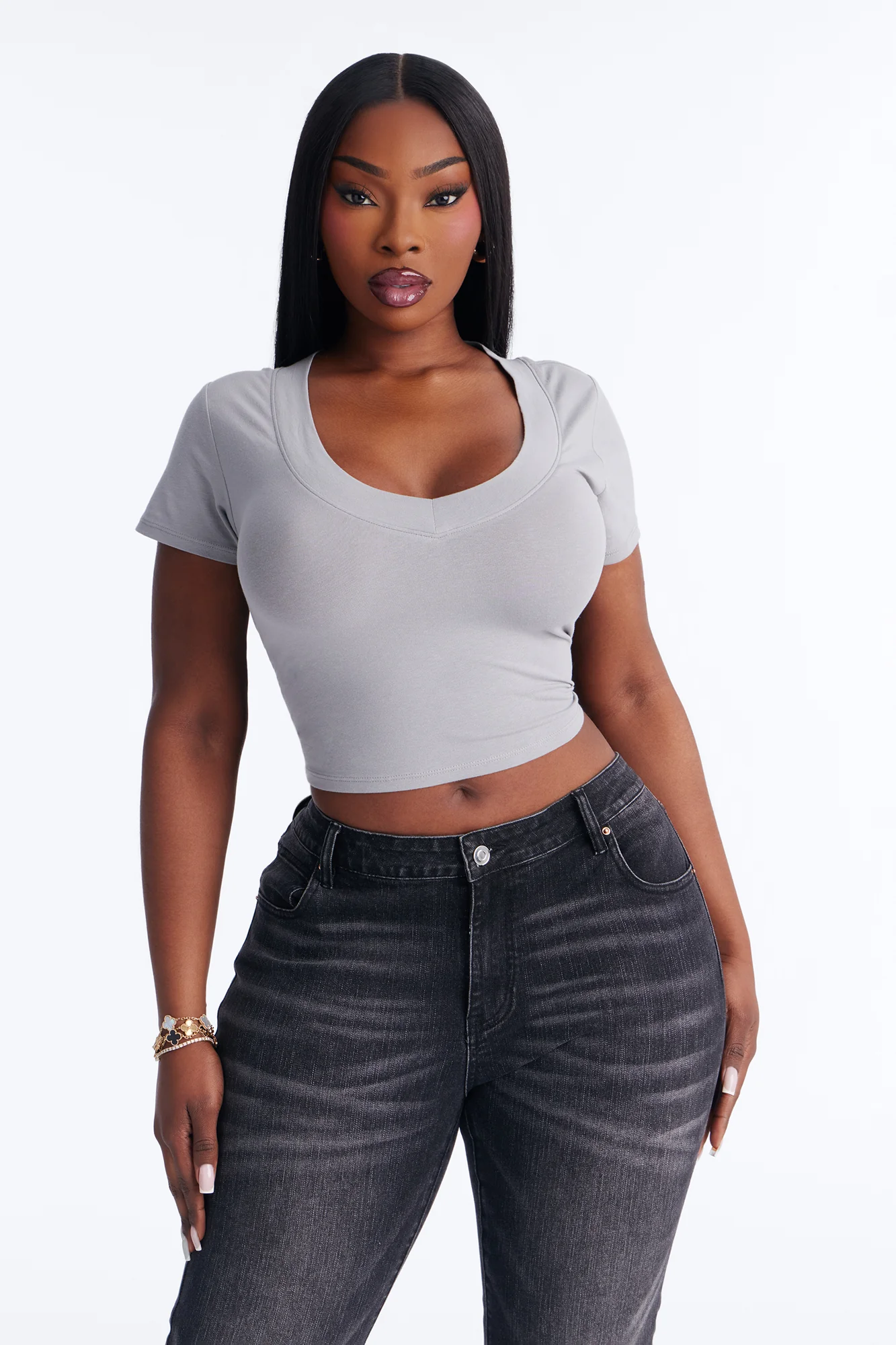 Delaney Short Sleeve Top - Light Grey - Image 5