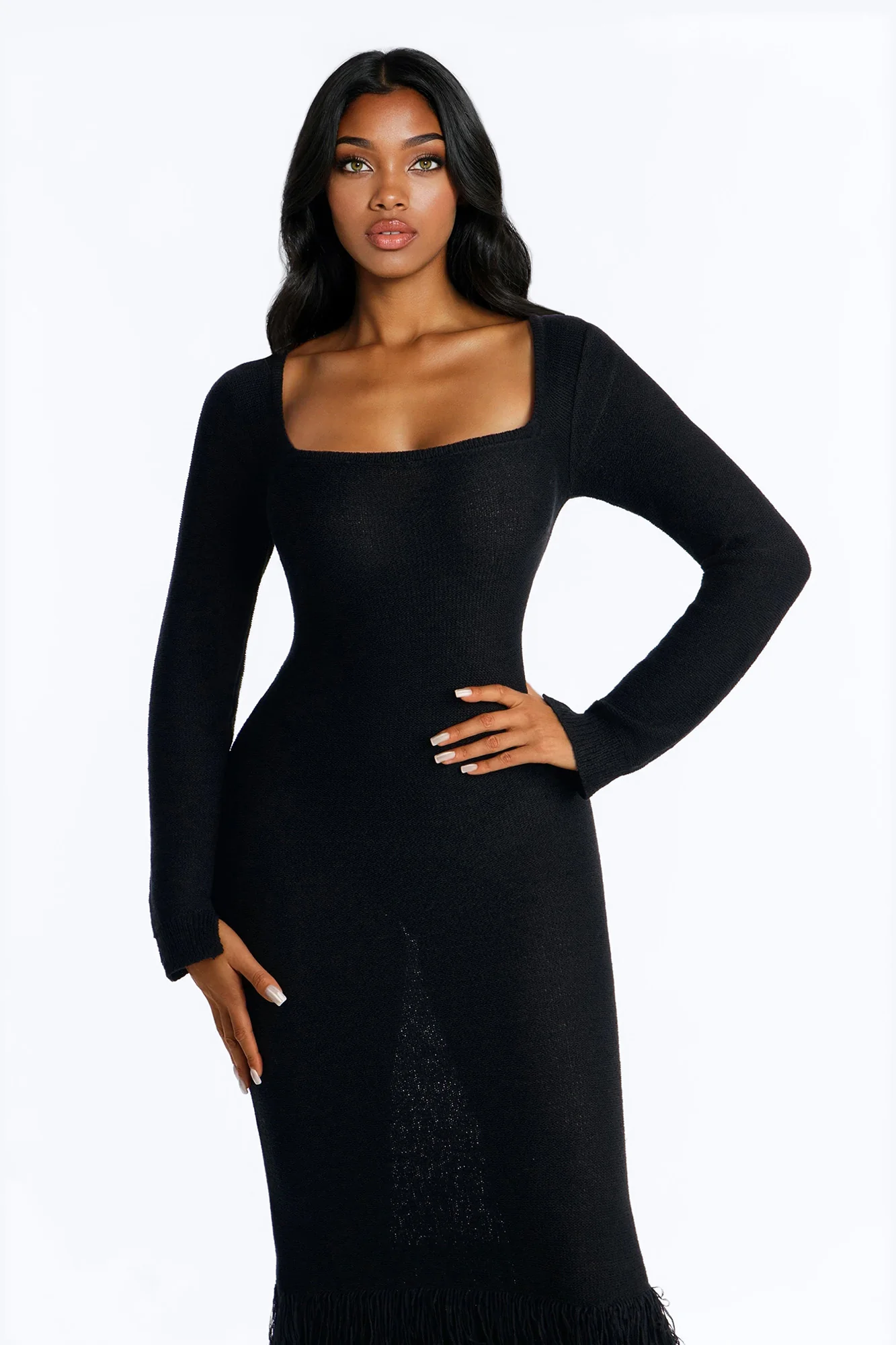 Delany Long Sleeve Knit Maxi Dress - Black - Image 2