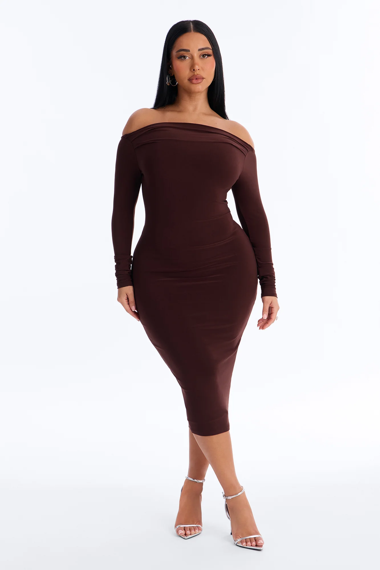 Delia Off Shoulder Midi Dress - Chocolate