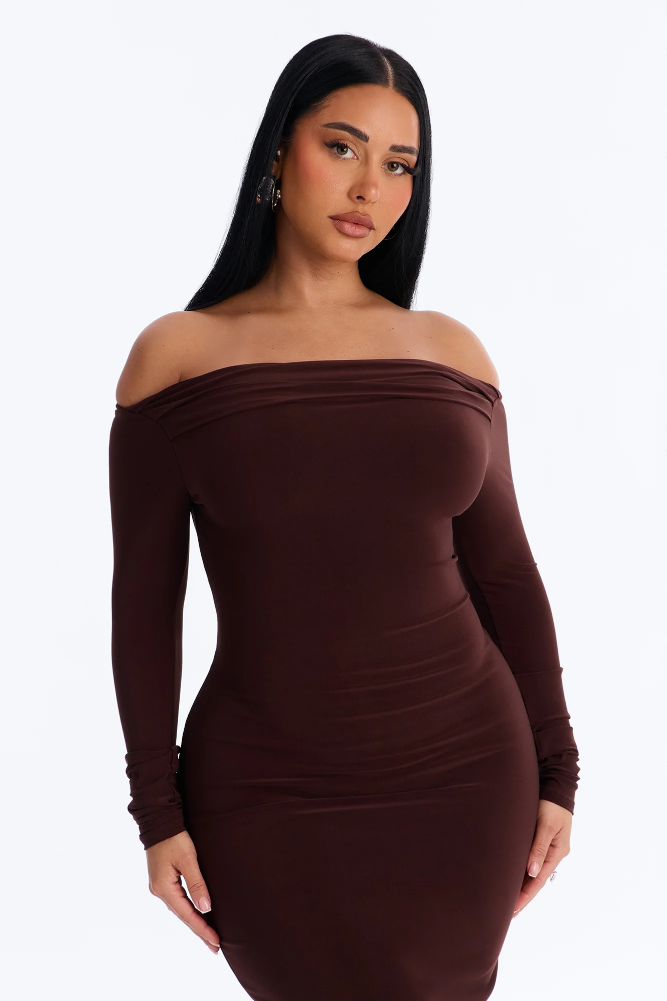 Delia Off Shoulder Midi Dress - Chocolate - Image 2