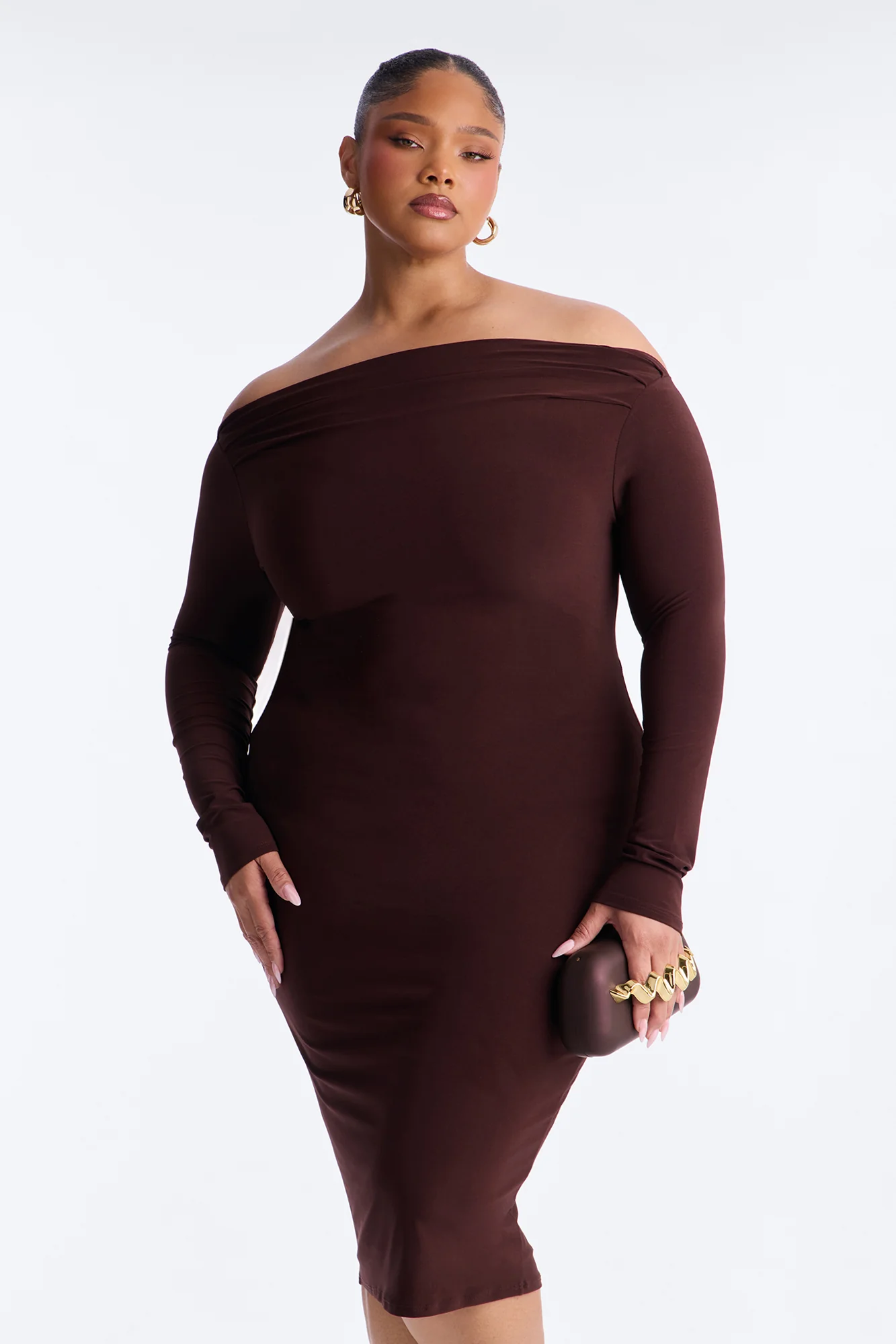 Delia Off Shoulder Midi Dress - Chocolate - Image 6