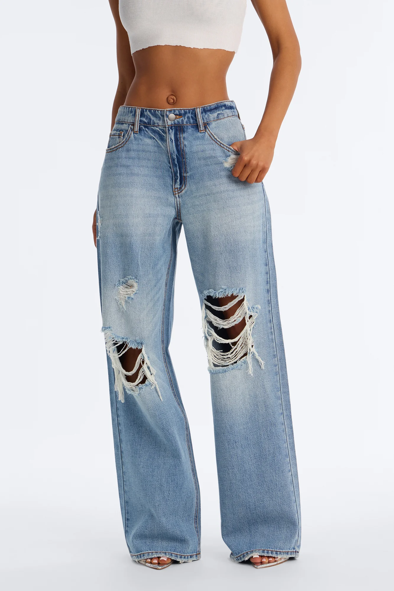 Delphine Ripped Wide Leg Jeans - Medium Wash - Image 2