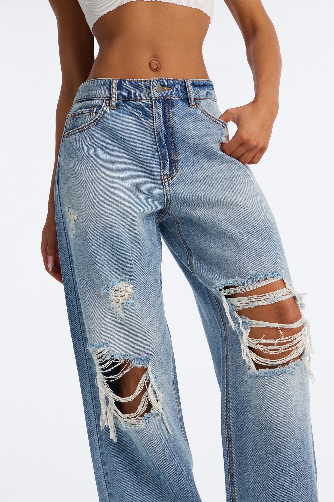 Delphine Ripped Wide Leg Jeans - Medium Wash - Image 3