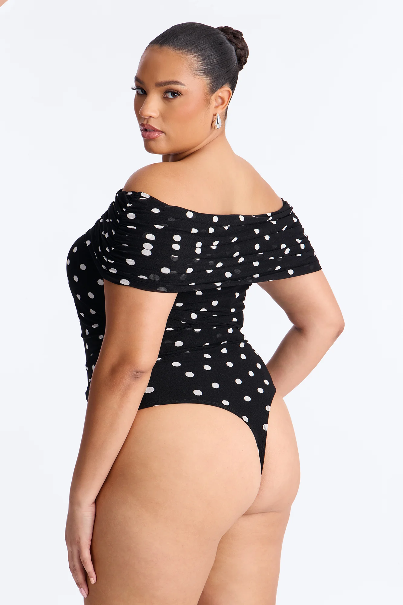 Demi Off Shoulder Polka Dot Mesh Bodysuit - Black/White - Image 10