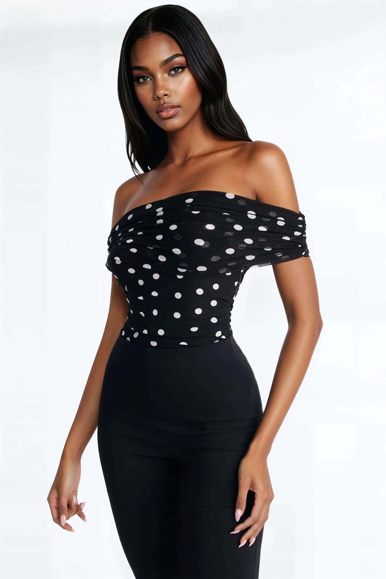 Demi Off Shoulder Polka Dot Mesh Bodysuit - Black/White - Image 3