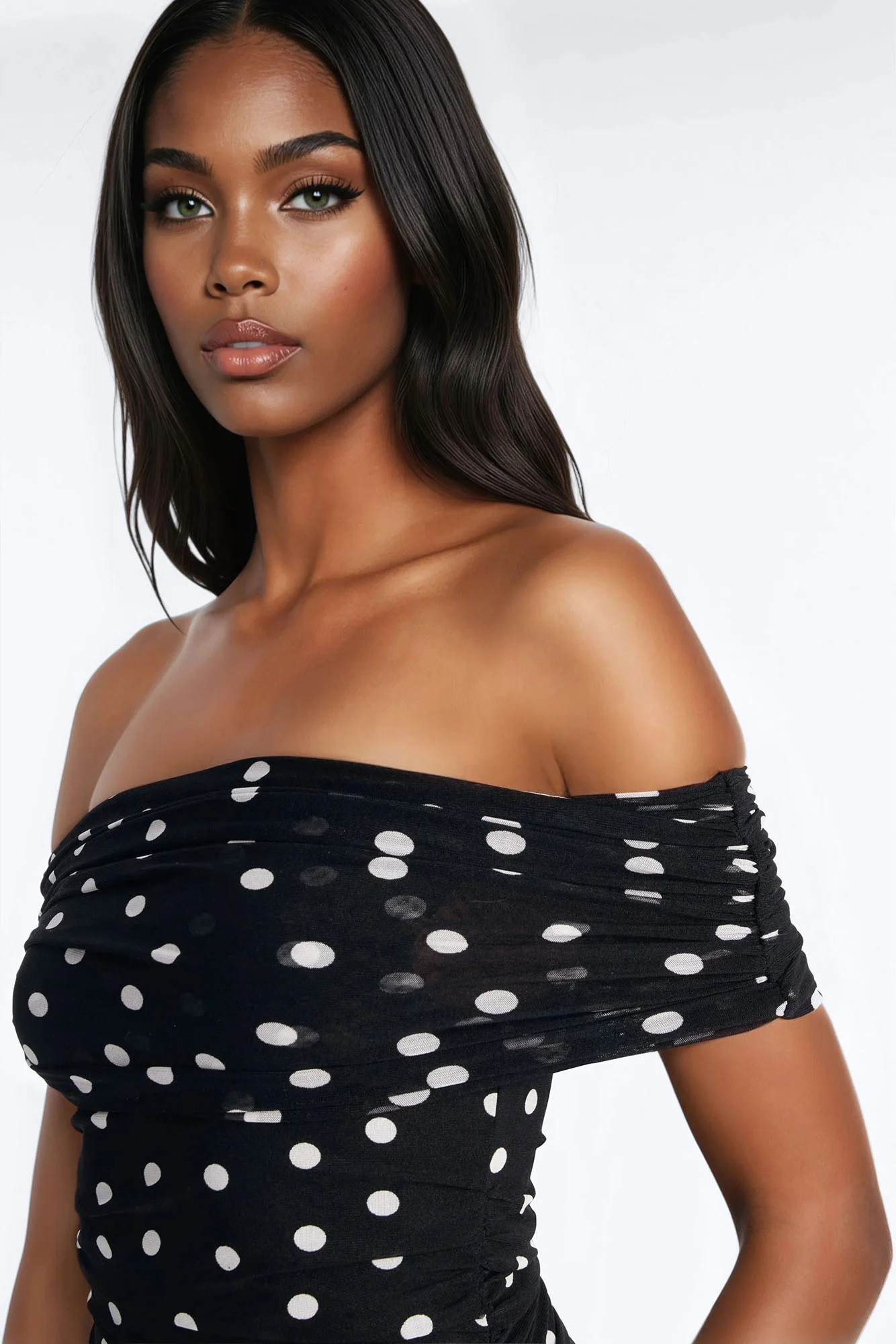 Demi Off Shoulder Polka Dot Mesh Bodysuit - Black/White - Image 4